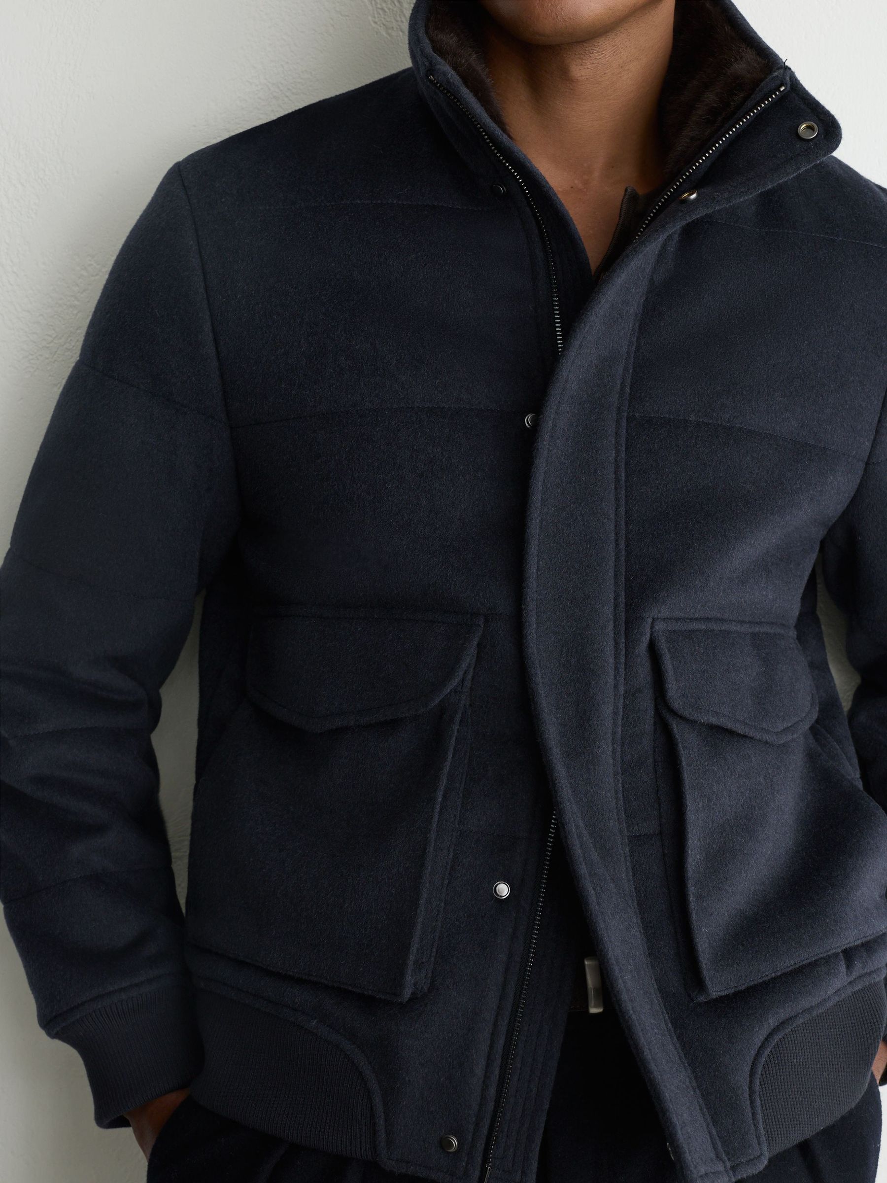 Wool-Blend Faux Fur-Collar Quilted Jacket in Airforce Blue - Image 1 de 6