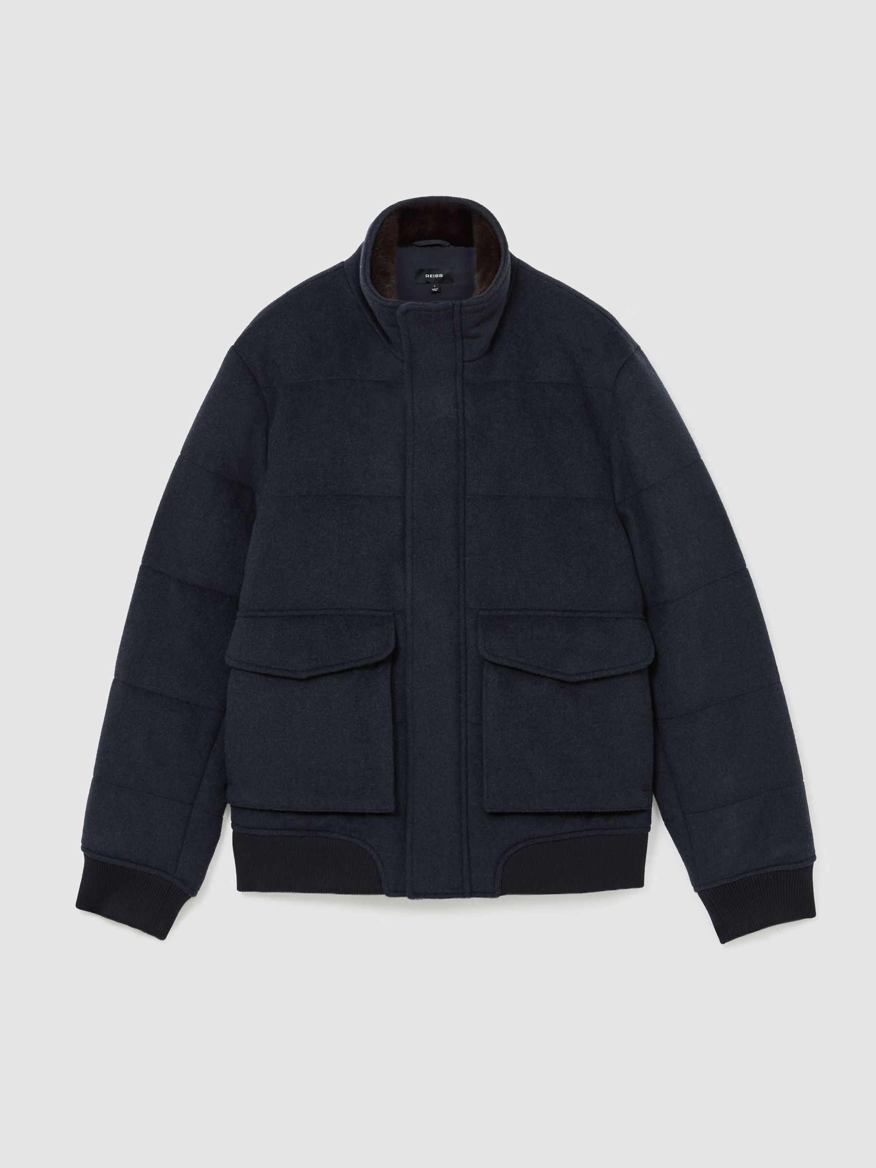 Wool-Blend Faux Fur-Collar Quilted Jacket in Airforce Blue - Image 2 de 6 Wool-Blend Faux Fur-Collar Quilted Jacket in Airforce Blue - Image 2 de 6