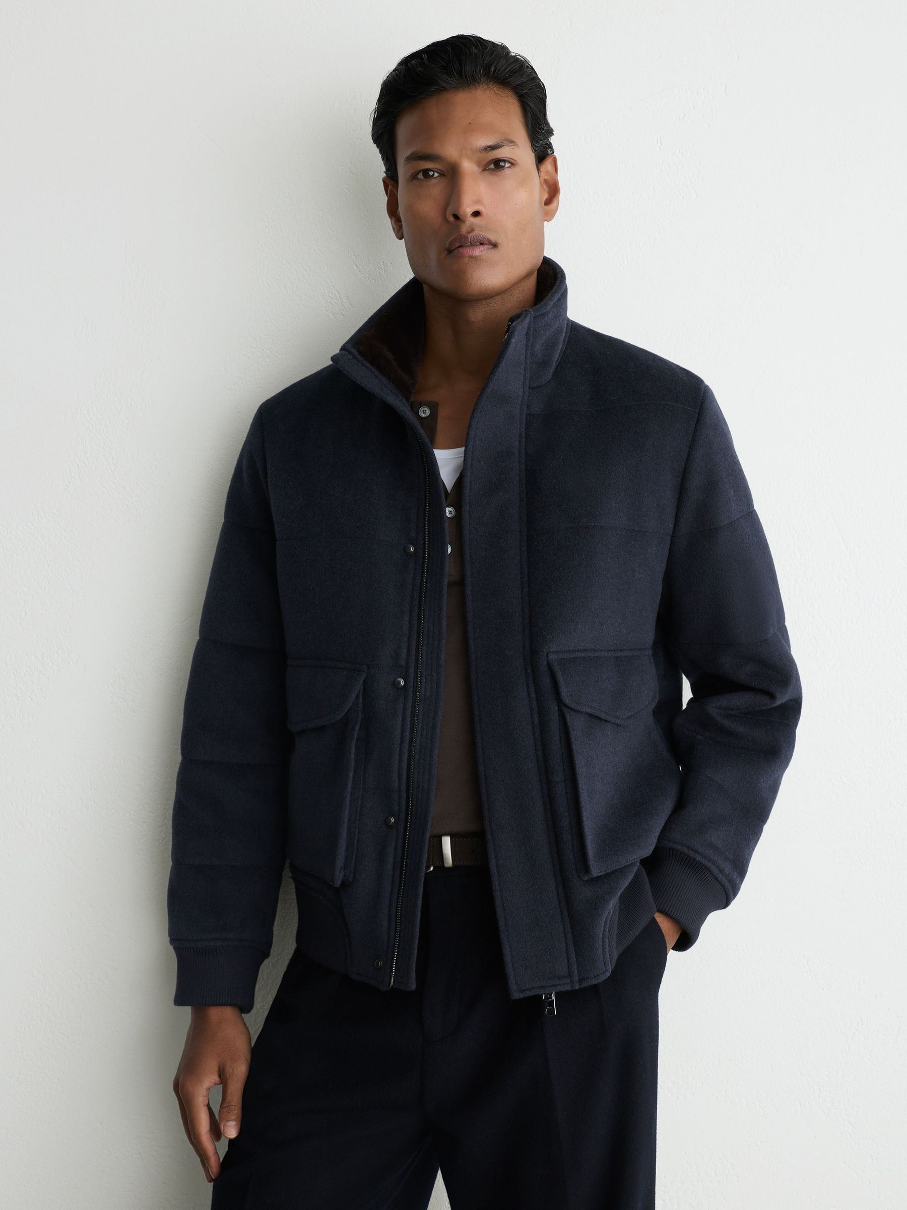 Wool-Blend Faux Fur-Collar Quilted Jacket in Airforce Blue - Image 3 de 6