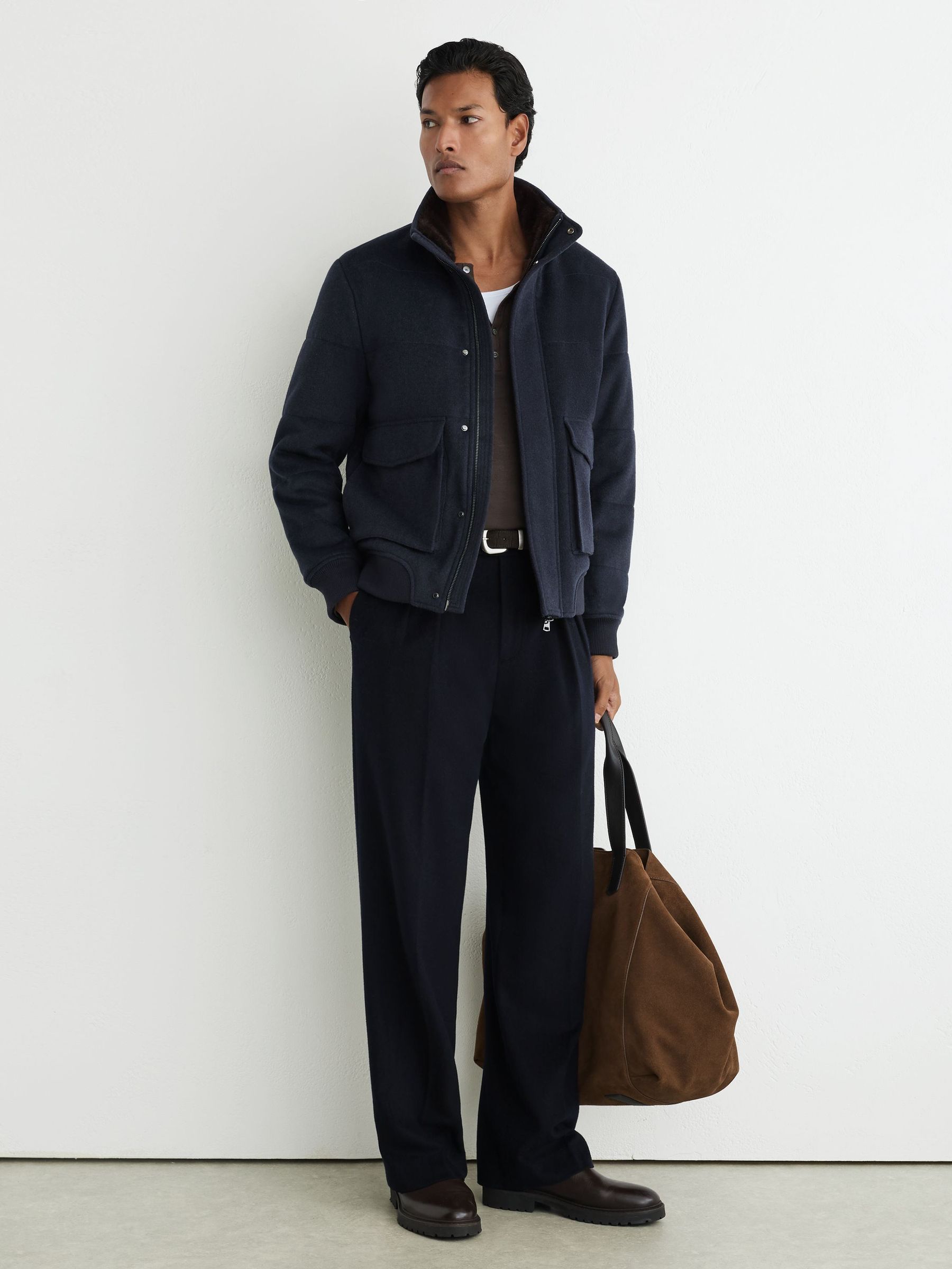 Wool-Blend Faux Fur-Collar Quilted Jacket in Airforce Blue - Image 4 de 6