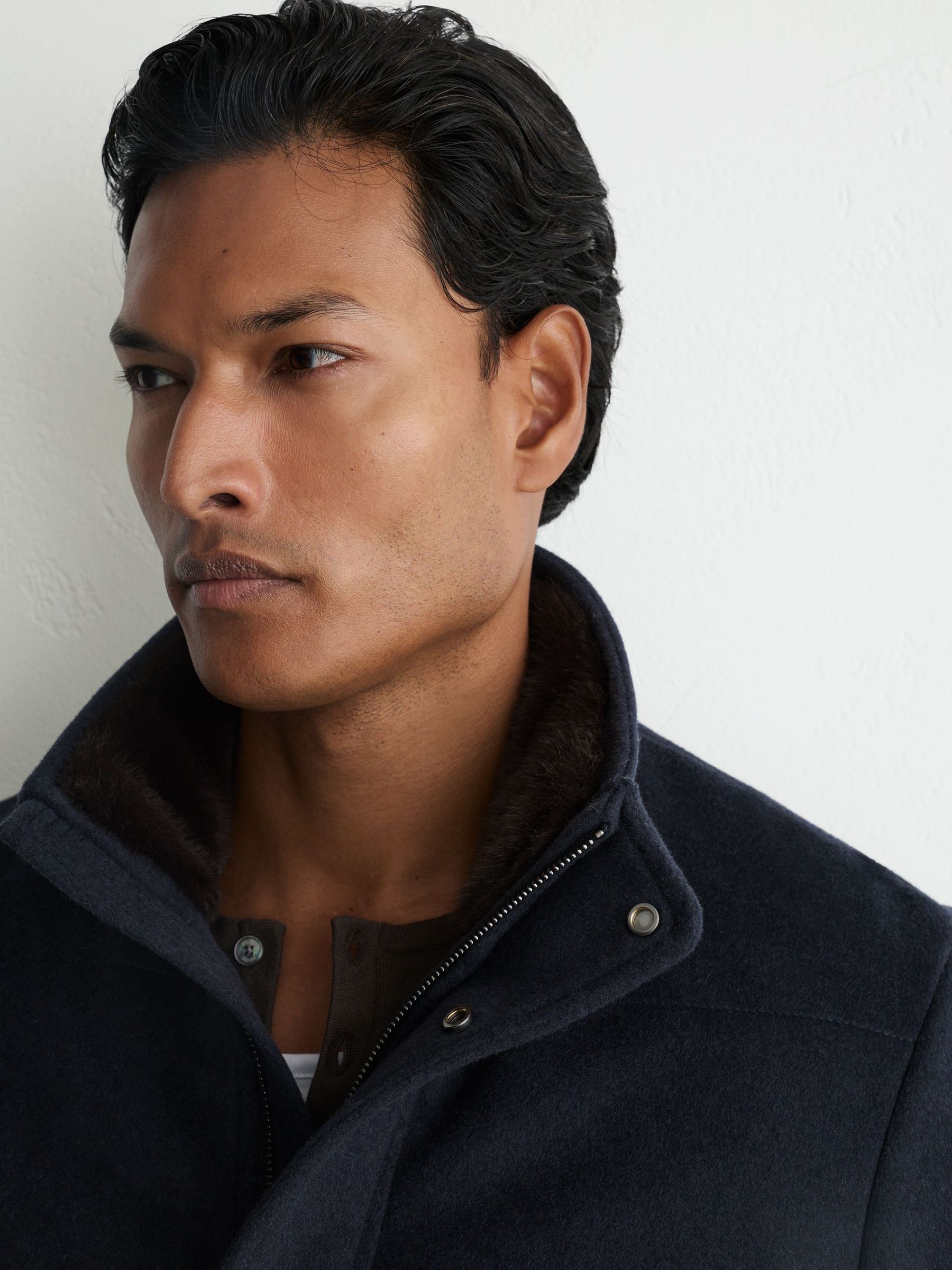 Wool-Blend Faux Fur-Collar Quilted Jacket in Airforce Blue - Image 6 de 6