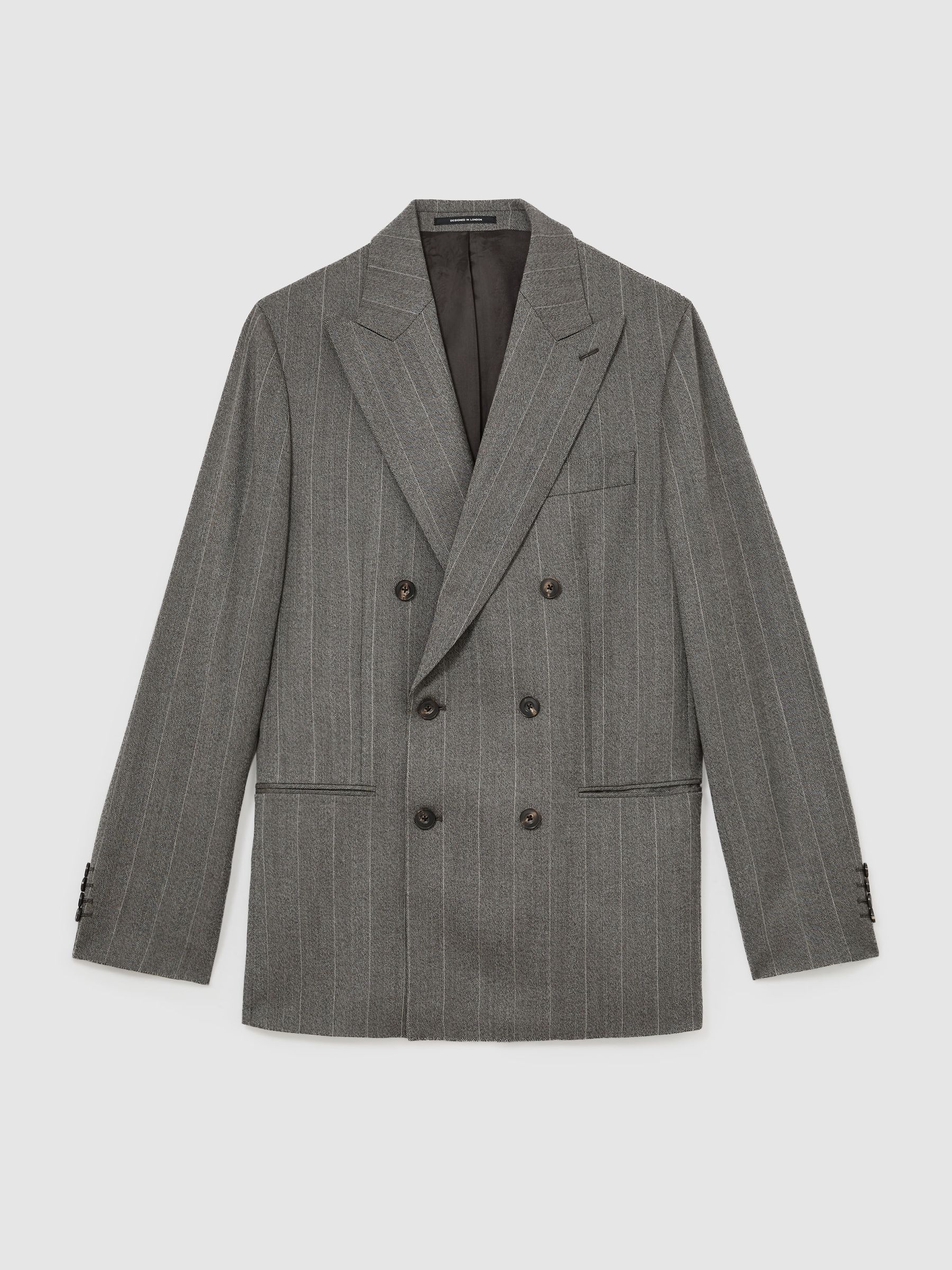 Classic Fit Wool Double-Breasted Pinstripe Suit Blazer in Grey - Image 2 of 10