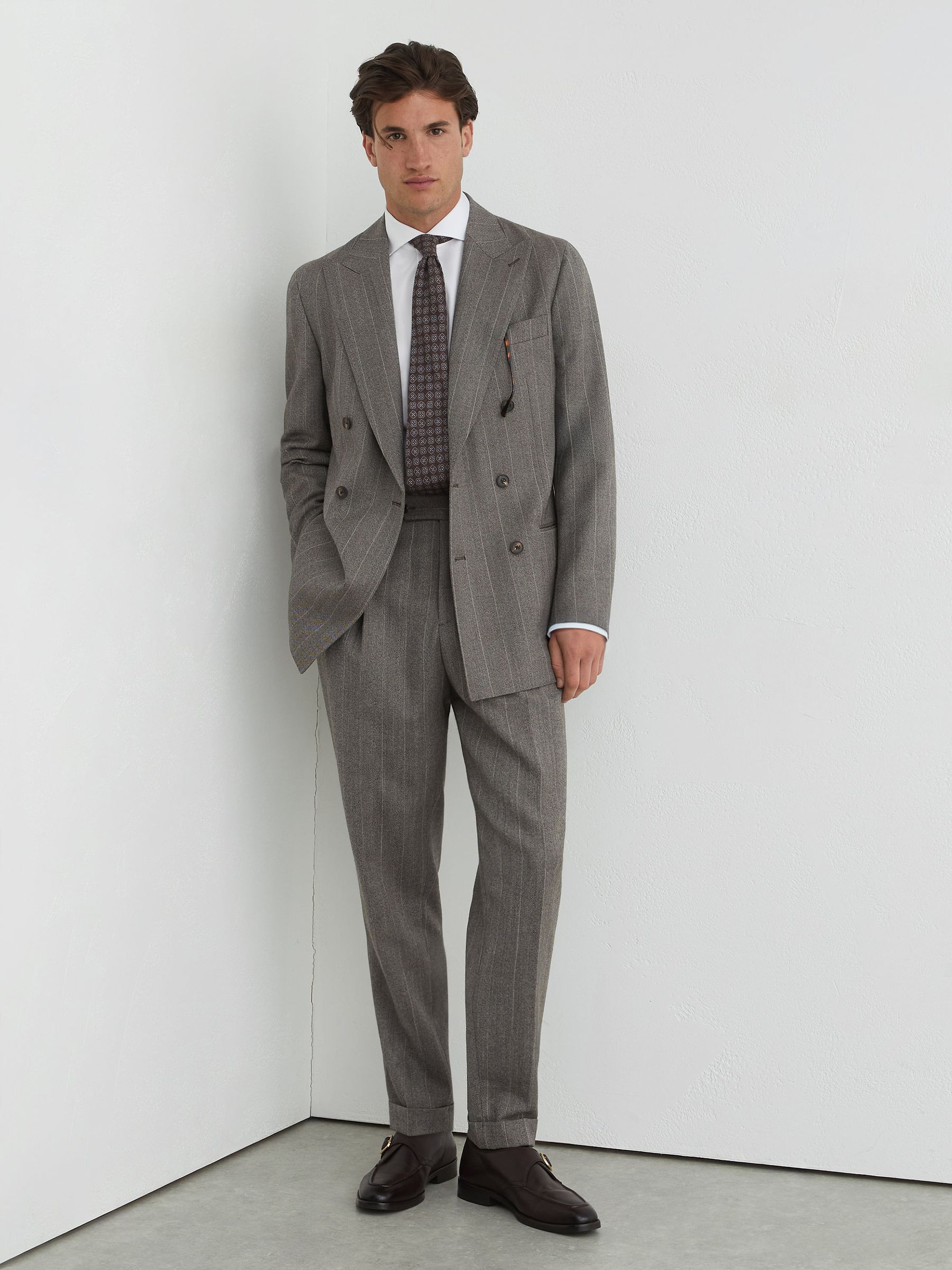 Classic Fit Wool Double-Breasted Pinstripe Suit Blazer in Grey - Image 3 of 10