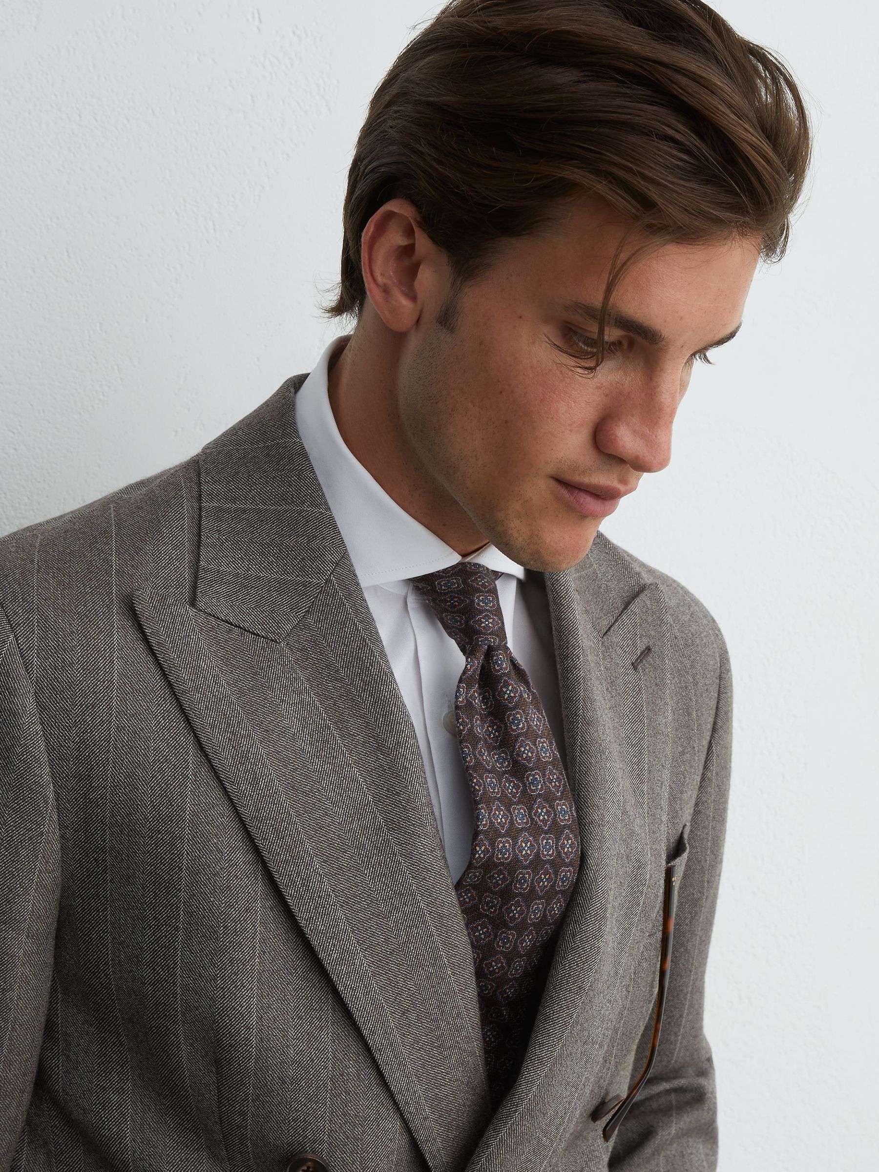 Classic Fit Wool Double-Breasted Pinstripe Suit Blazer in Grey - Image 7 of 10