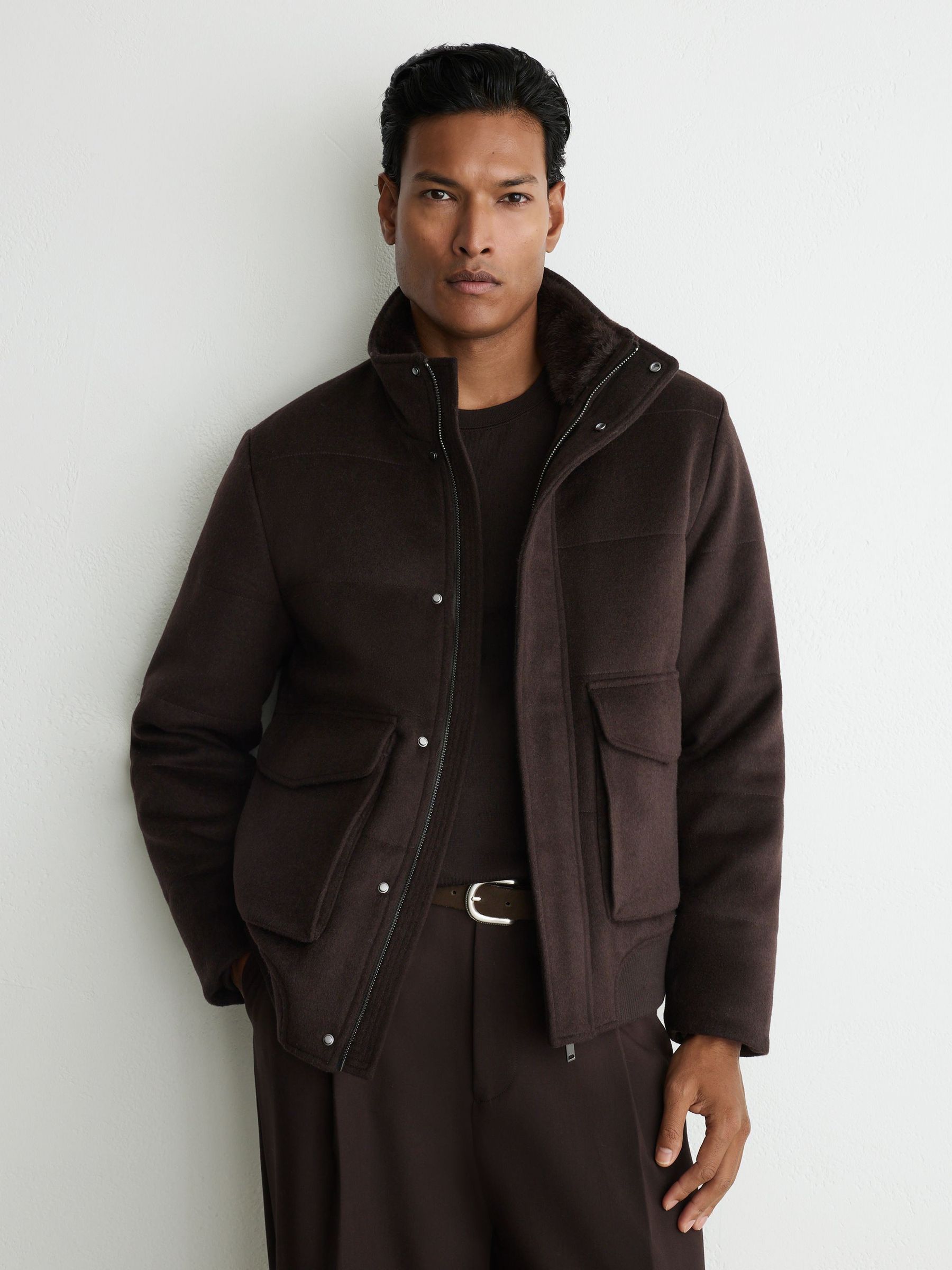 Wool-Blend Faux Fur-Collar Quilted Jacket in Dark Brown - Image 1 de 7 Wool-Blend Faux Fur-Collar Quilted Jacket in Dark Brown - Image 1 de 7