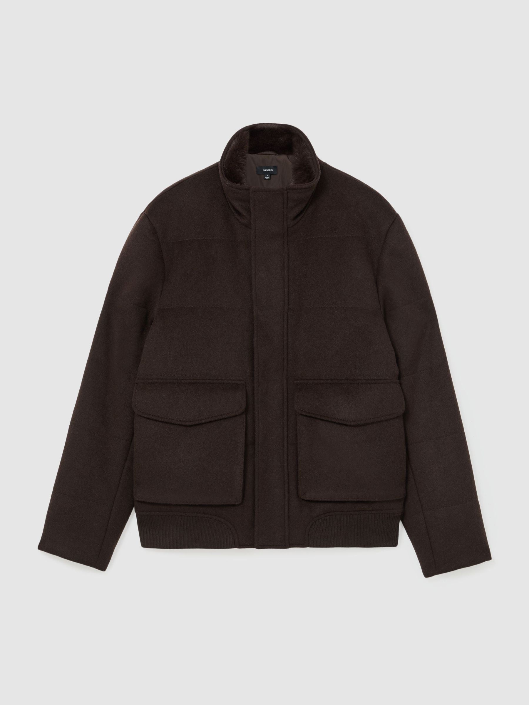 Wool-Blend Faux Fur-Collar Quilted Jacket in Dark Brown - Image 2 de 7