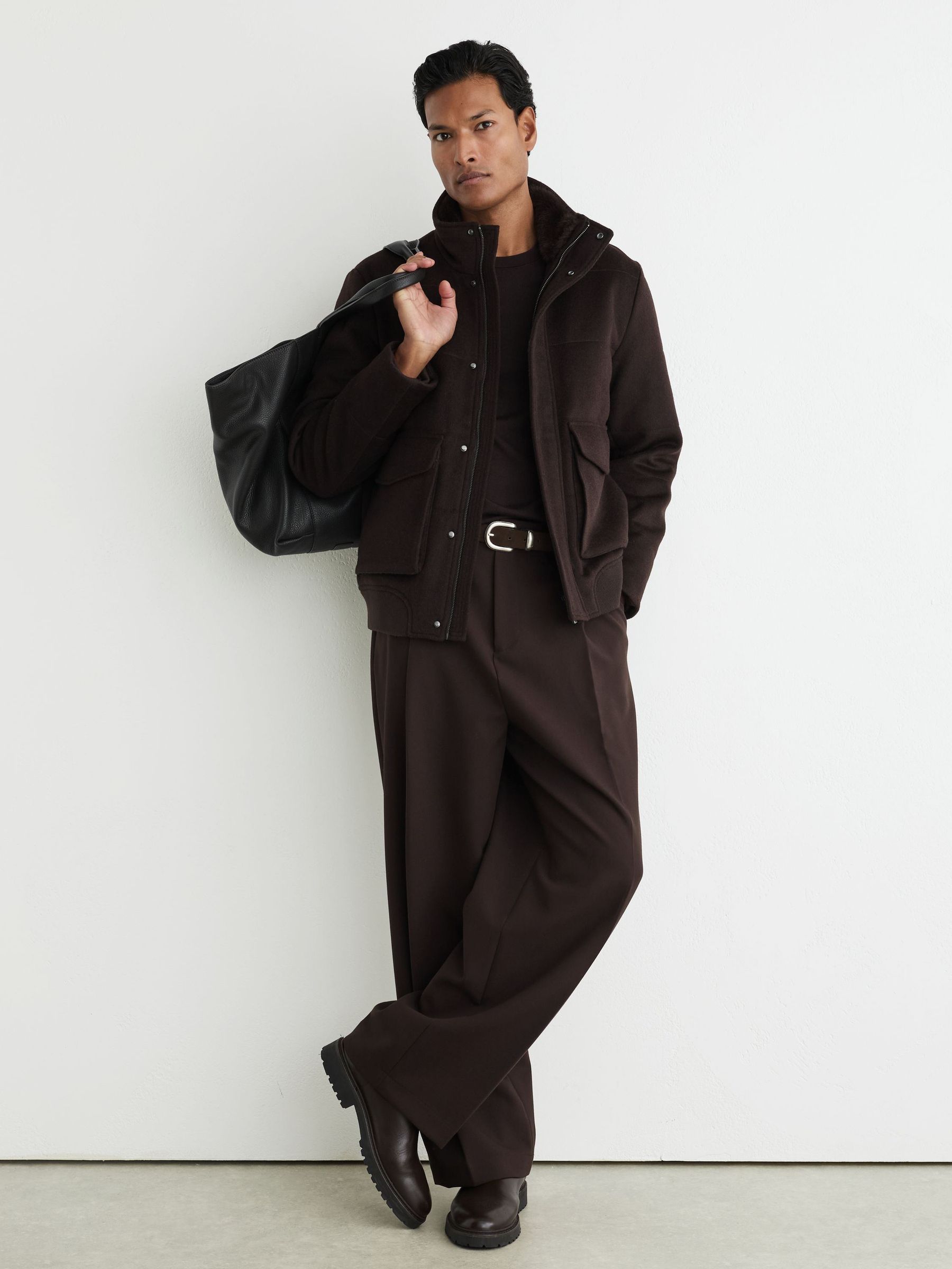 Wool-Blend Faux Fur-Collar Quilted Jacket in Dark Brown - Image 3 de 7