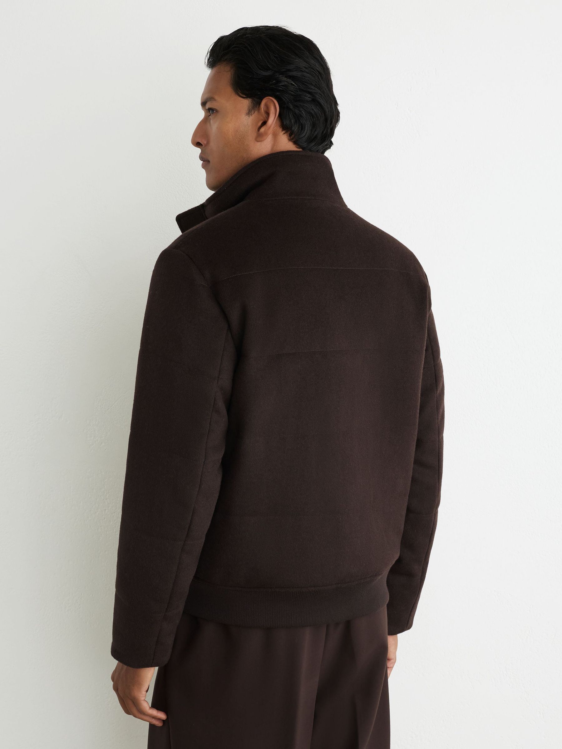Wool-Blend Faux Fur-Collar Quilted Jacket in Dark Brown - Image 5 de 7