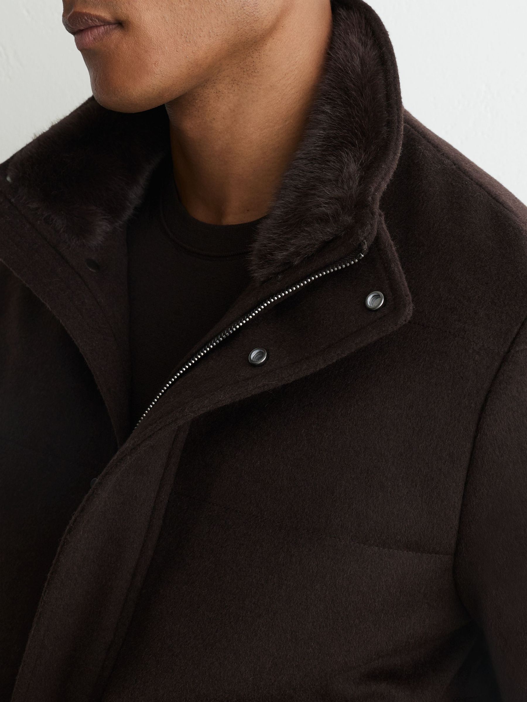 Wool-Blend Faux Fur-Collar Quilted Jacket in Dark Brown - Image 6 de 7