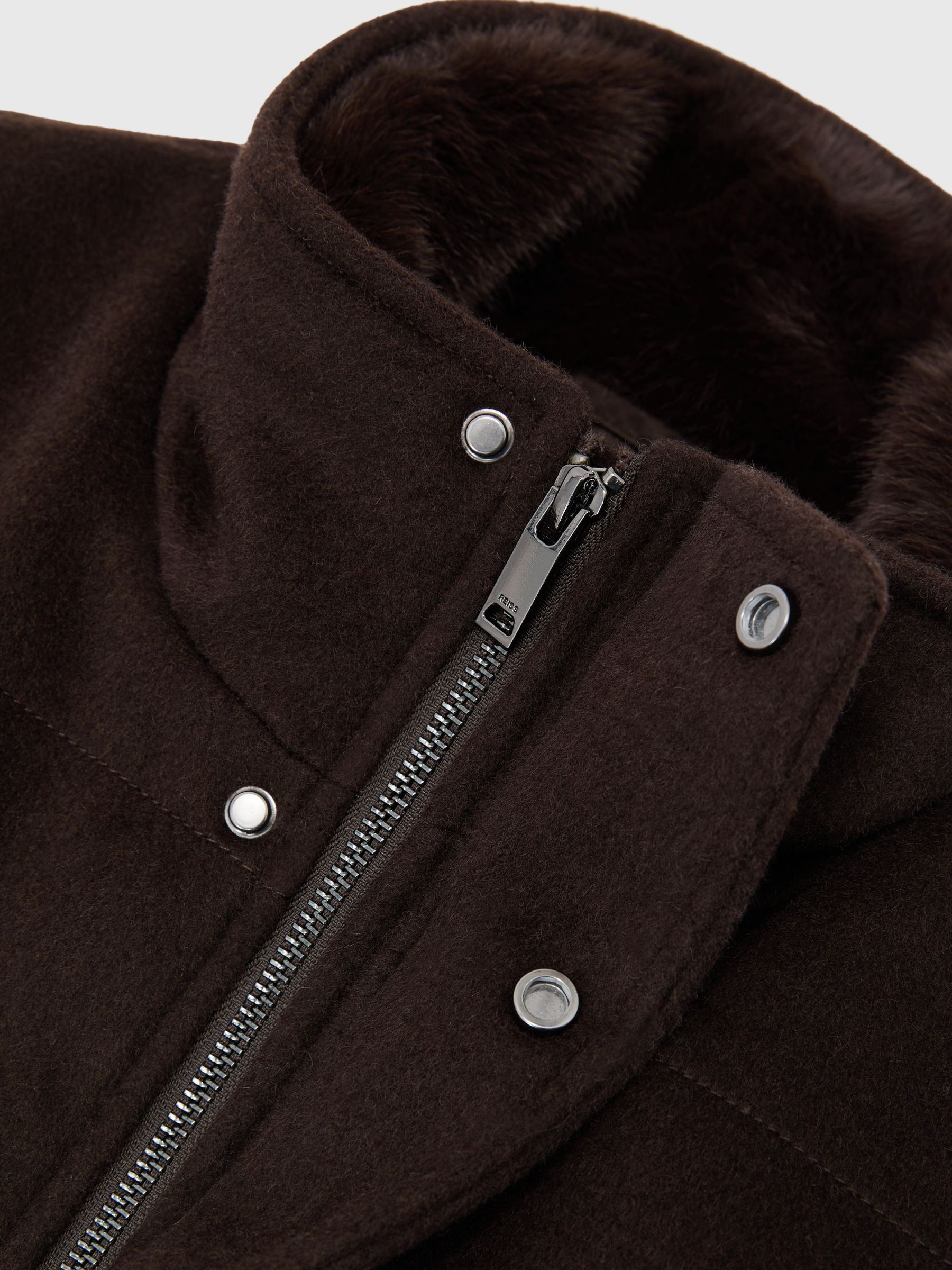 Wool-Blend Faux Fur-Collar Quilted Jacket in Dark Brown - Image 7 de 7