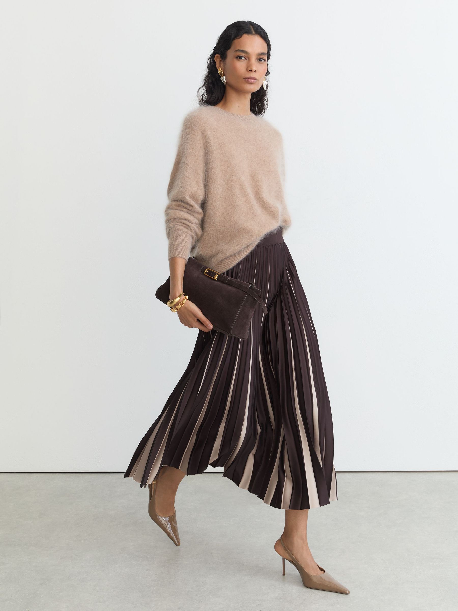 Contrast Pleated Midi Skirt in Grape Burgundy/Neutral - Image 1 of 7 Contrast Pleated Midi Skirt in Grape Burgundy/Neutral - Image 1 of 7