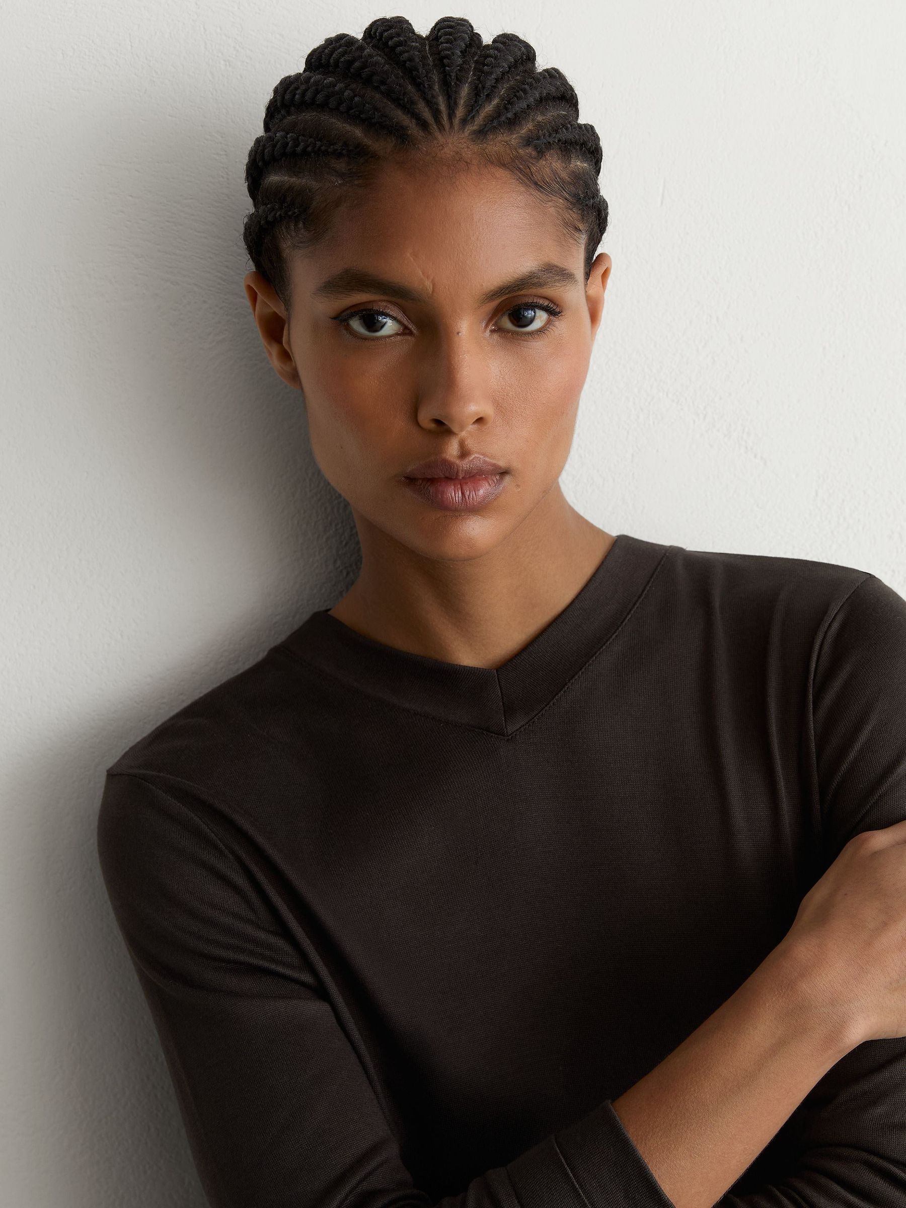 High V-Neck Long-Sleeve Top in Chocolate Brown - Image 4 of 6