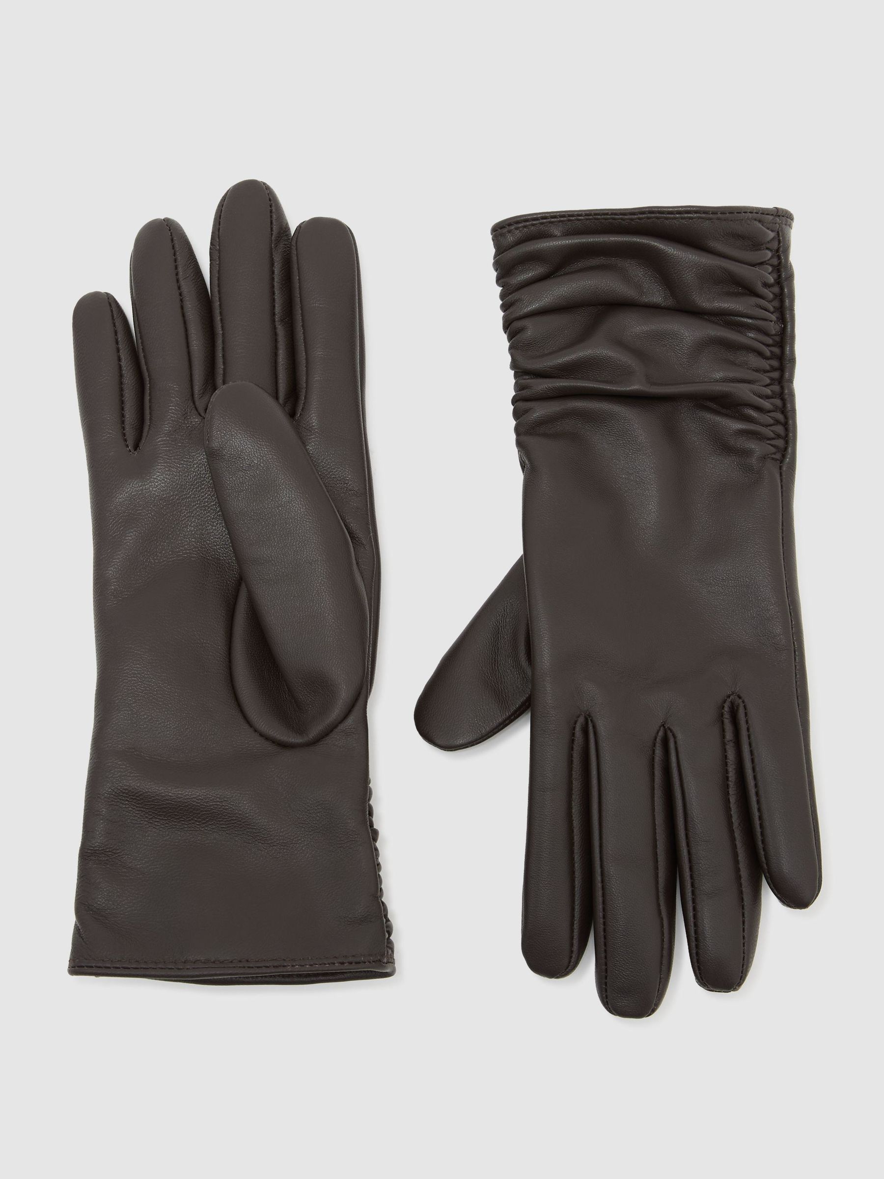 Leather Ruched Gloves in Chocolate - Image 1 of 3