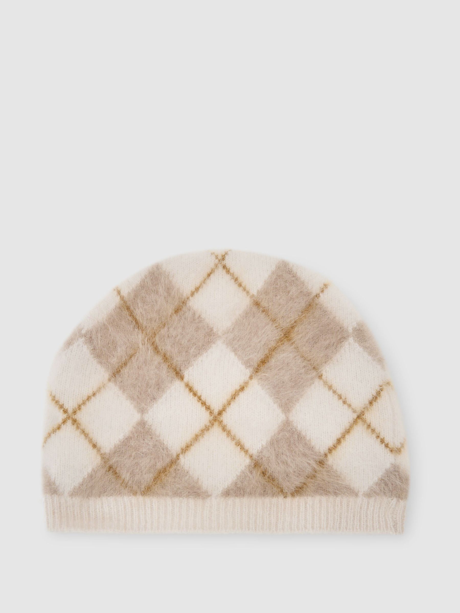 100% Brushed Cashmere Argyle Beanie in Cream - Image 2 of 4
