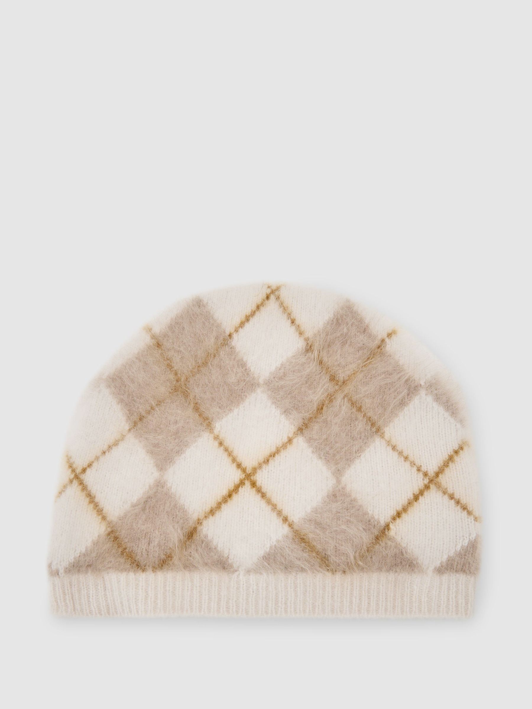 100% Brushed Cashmere Argyle Beanie in Cream - Image 3 of 4