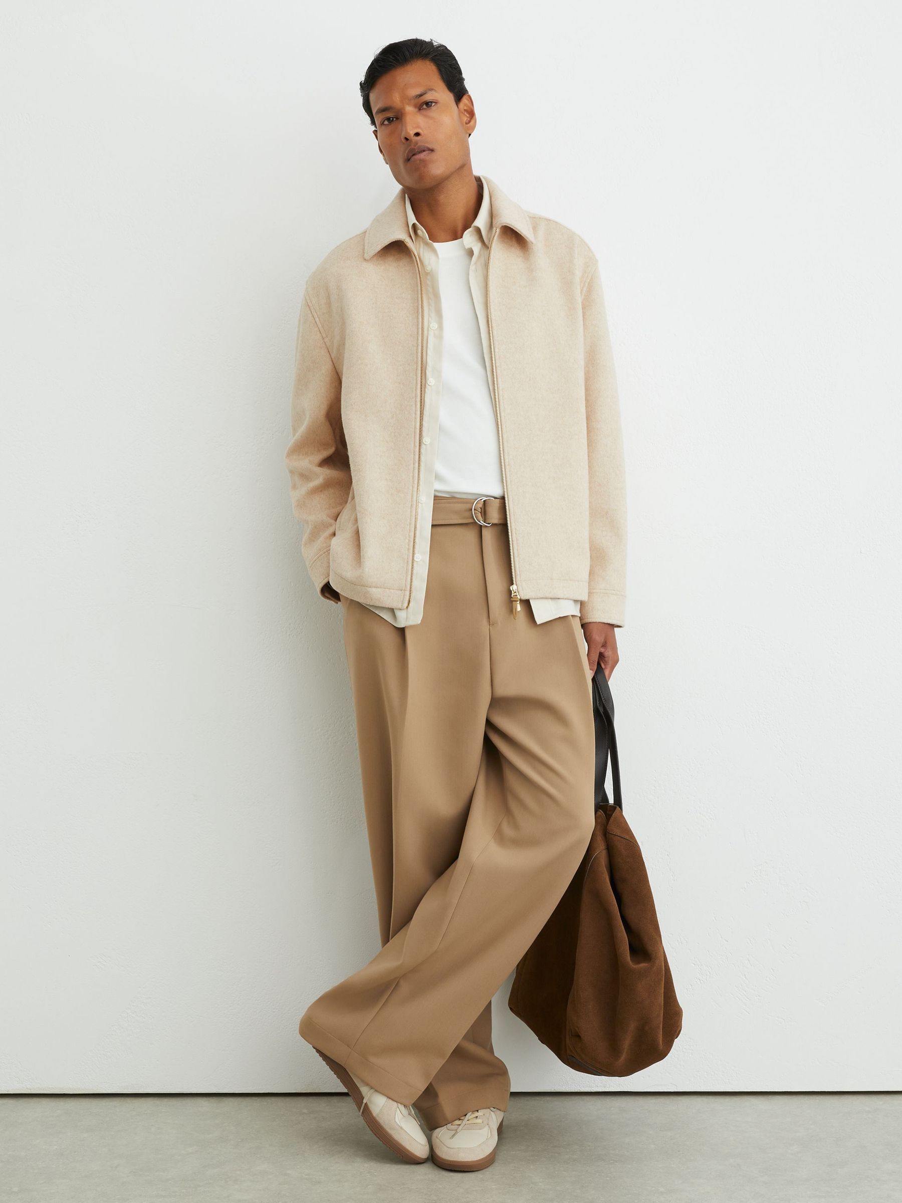 Brushed Wool-Blend Zip-Through Overshirt in Oatmeal - Image 3 of 8