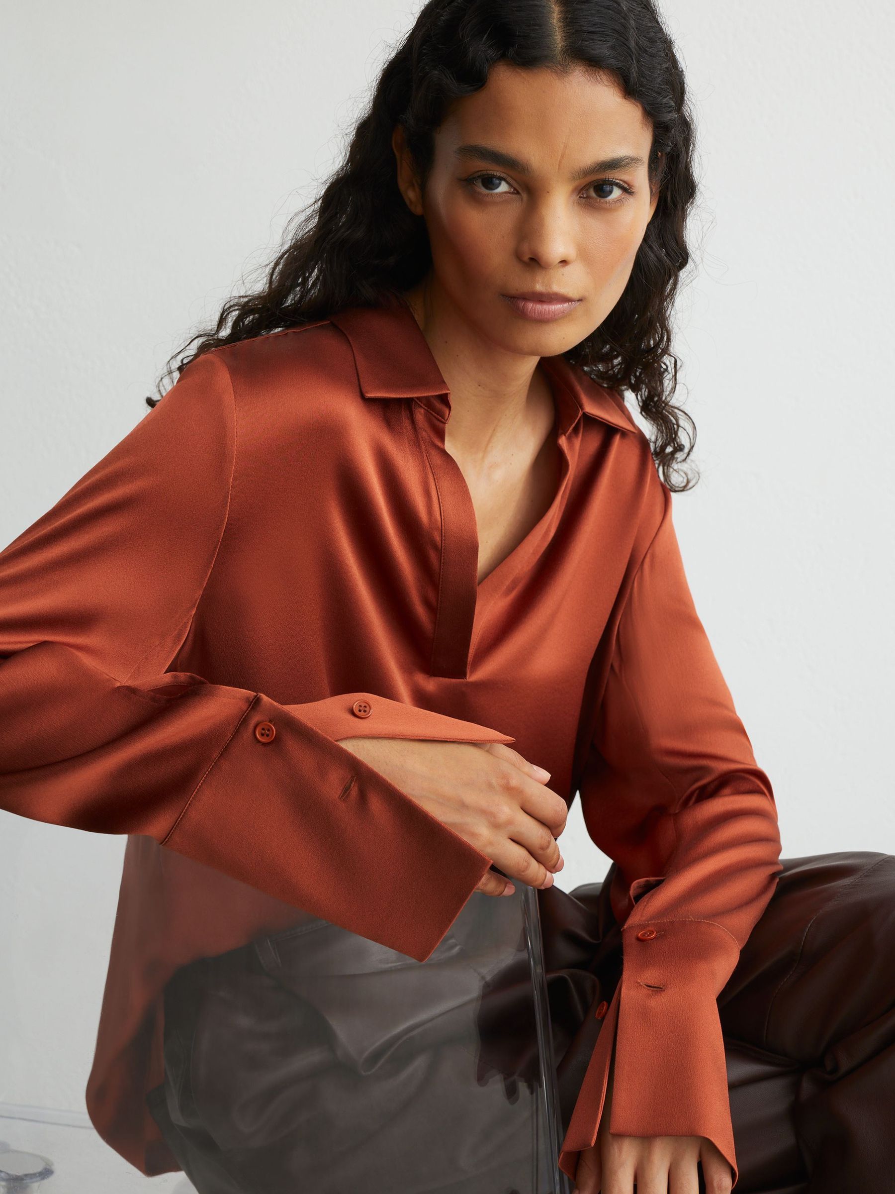 Silk Open-Collar Blouse in Rust Orange by Reiss