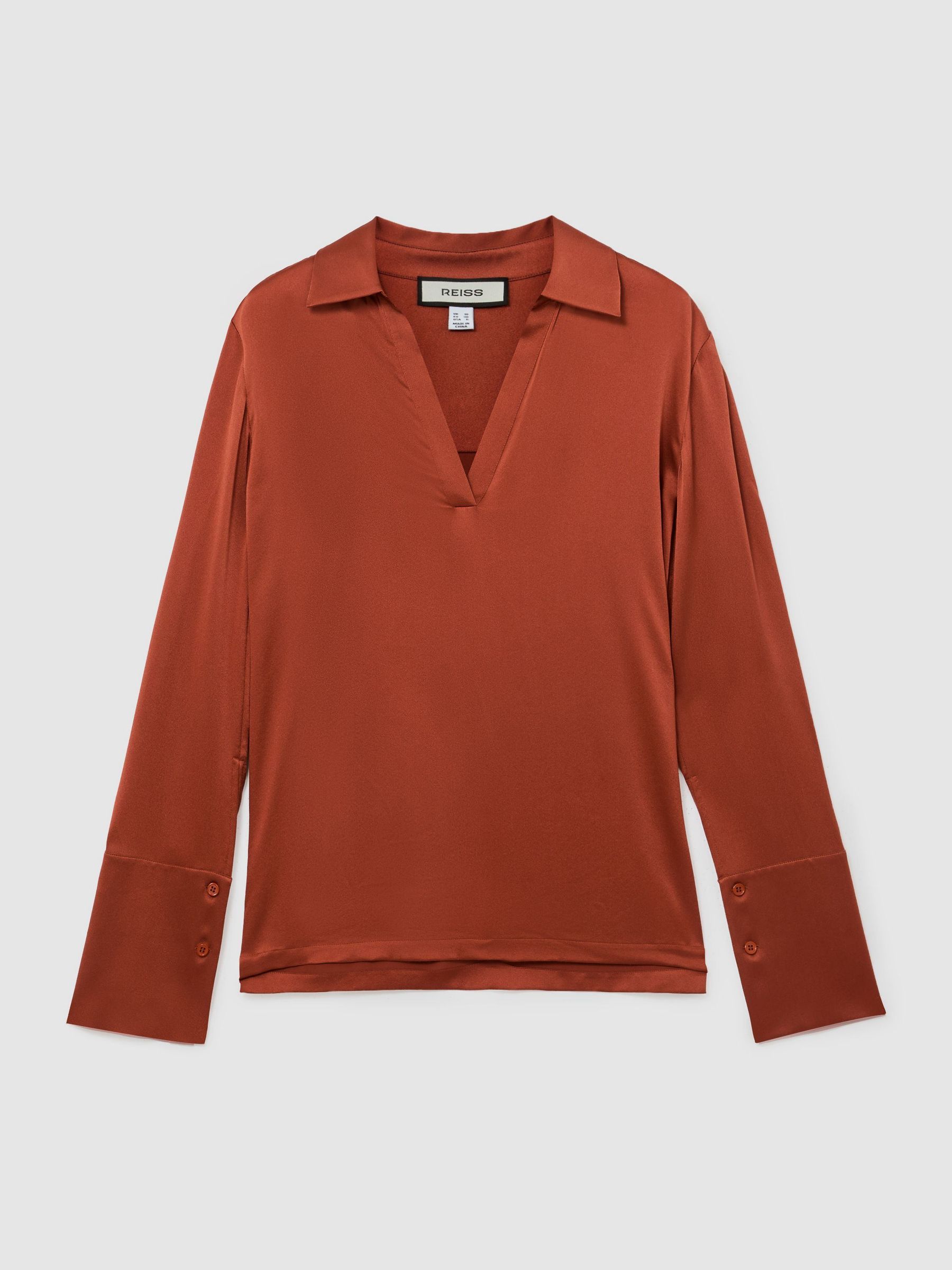 Silk Open-Collar Blouse in Rust Orange - Image 2 of 6