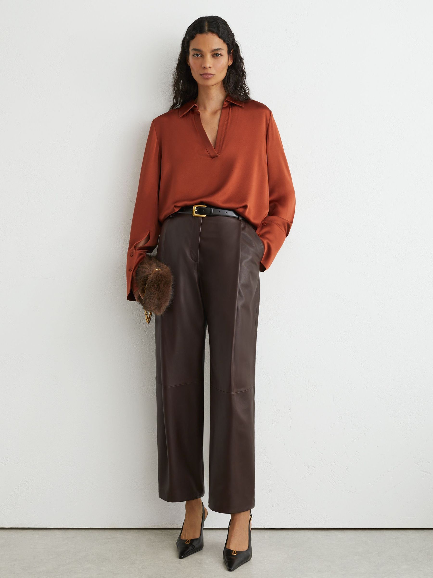 Silk Open-Collar Blouse in Rust Orange - Image 3 of 6