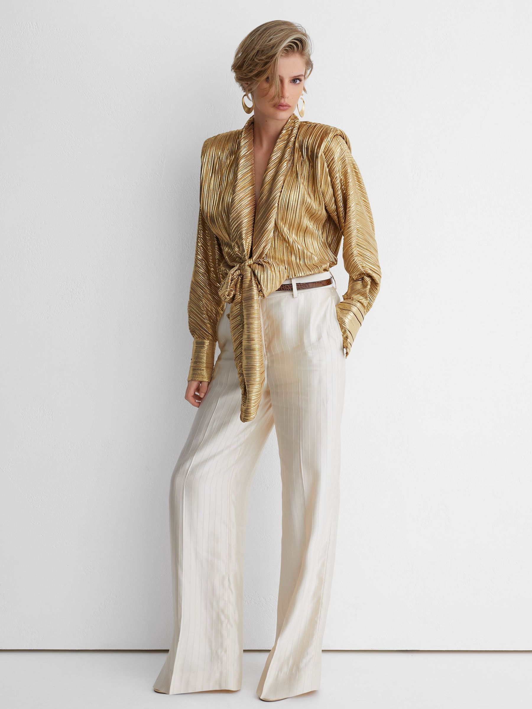 Atelier Silk Crepe de Chine Tie-Front Shirt in Gold - Image 3 of 7