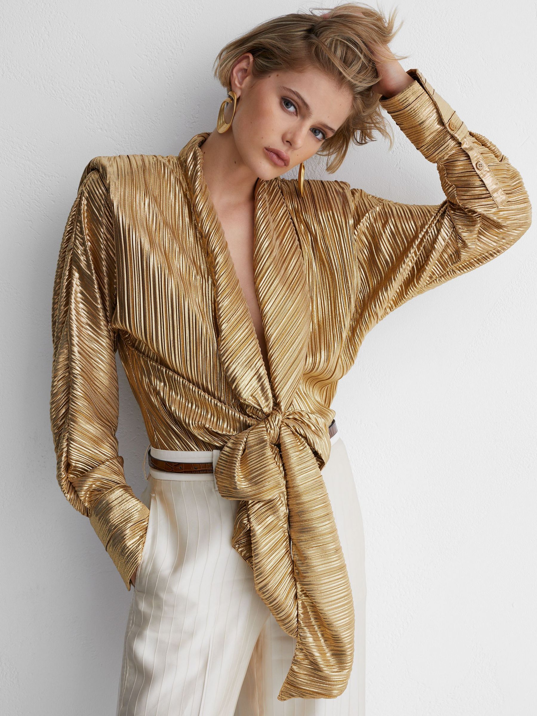 Atelier Silk Crepe de Chine Tie-Front Shirt in Gold - Image 4 of 7