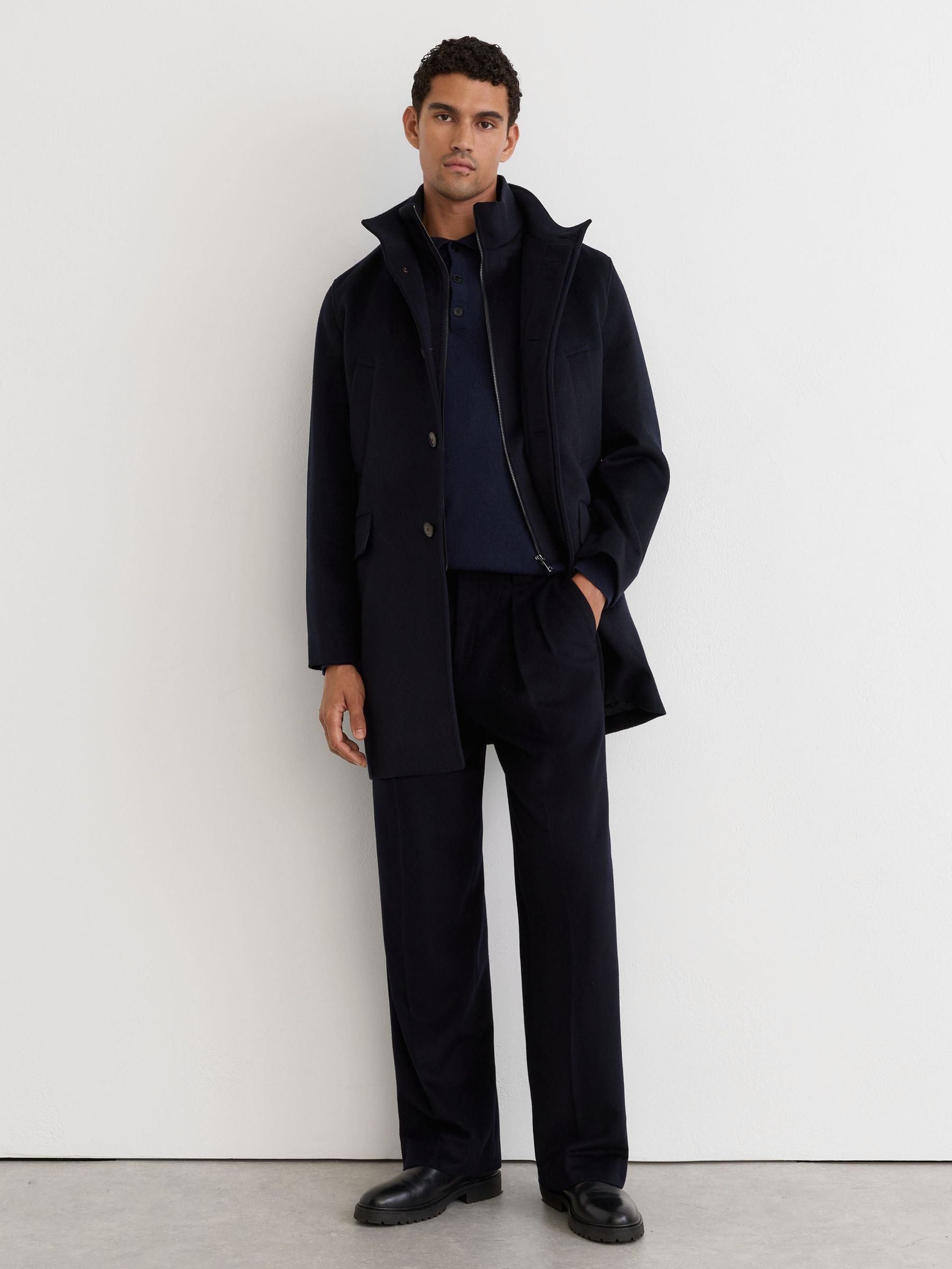 Wool-Blend Gilet-Insert Single-Breasted Coat in Navy - Image 1 of 9 Wool-Blend Gilet-Insert Single-Breasted Coat in Navy - Image 1 of 9