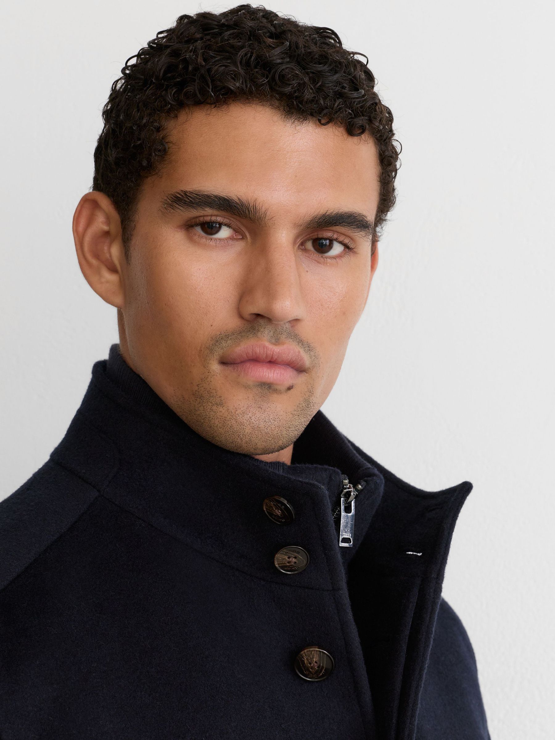 Wool-Blend Gilet-Insert Single-Breasted Coat in Navy - Image 3 of 9