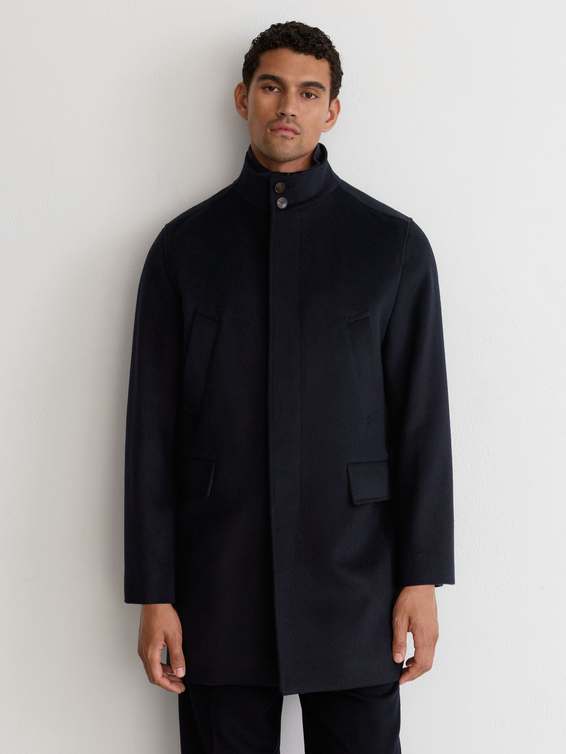 Wool-Blend Gilet-Insert Single-Breasted Coat in Navy - Image 4 of 9