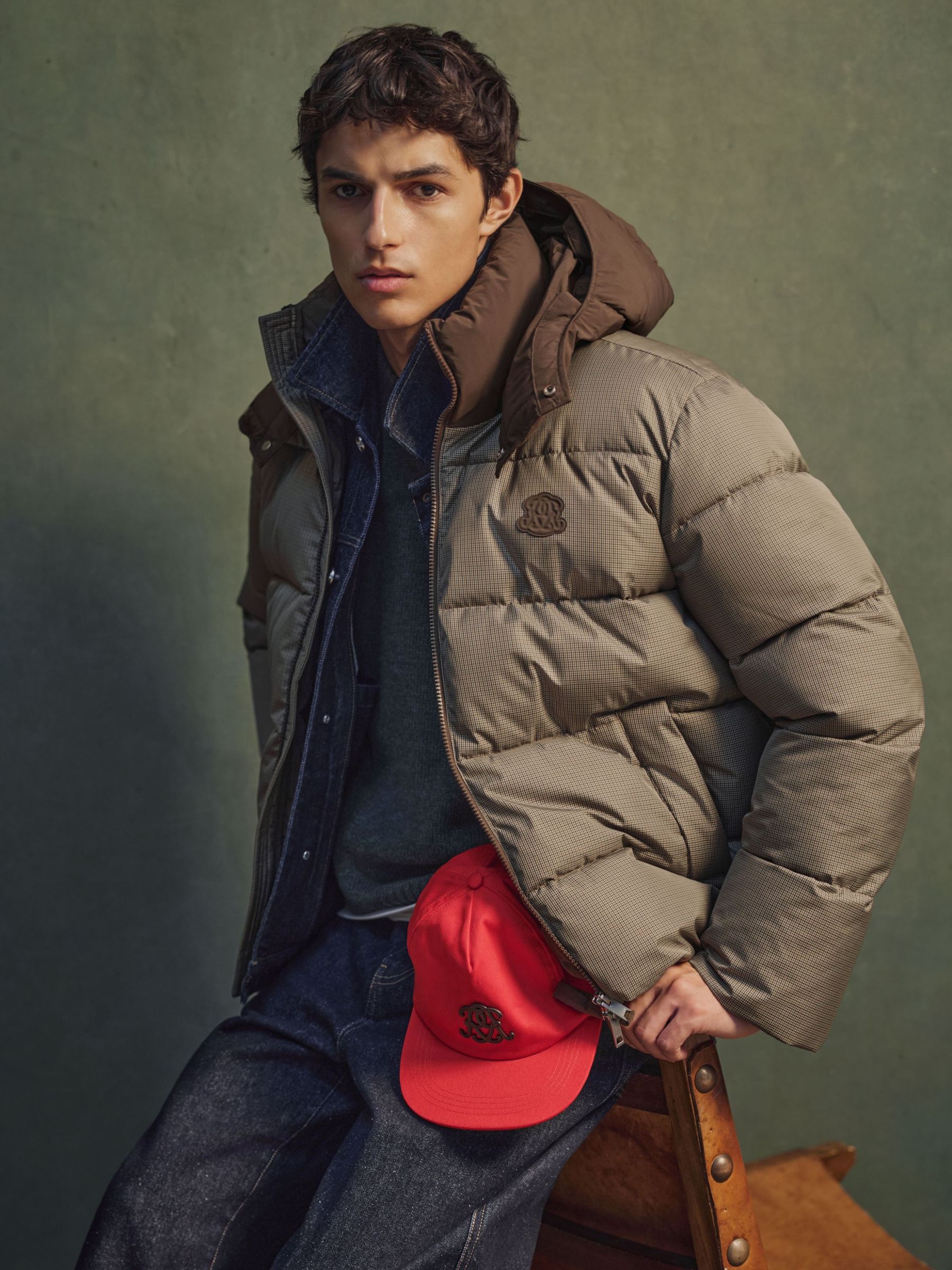 Monogram Check Puffer Jacket with Detachable Hood in Multi Brown - Image 1 of 10