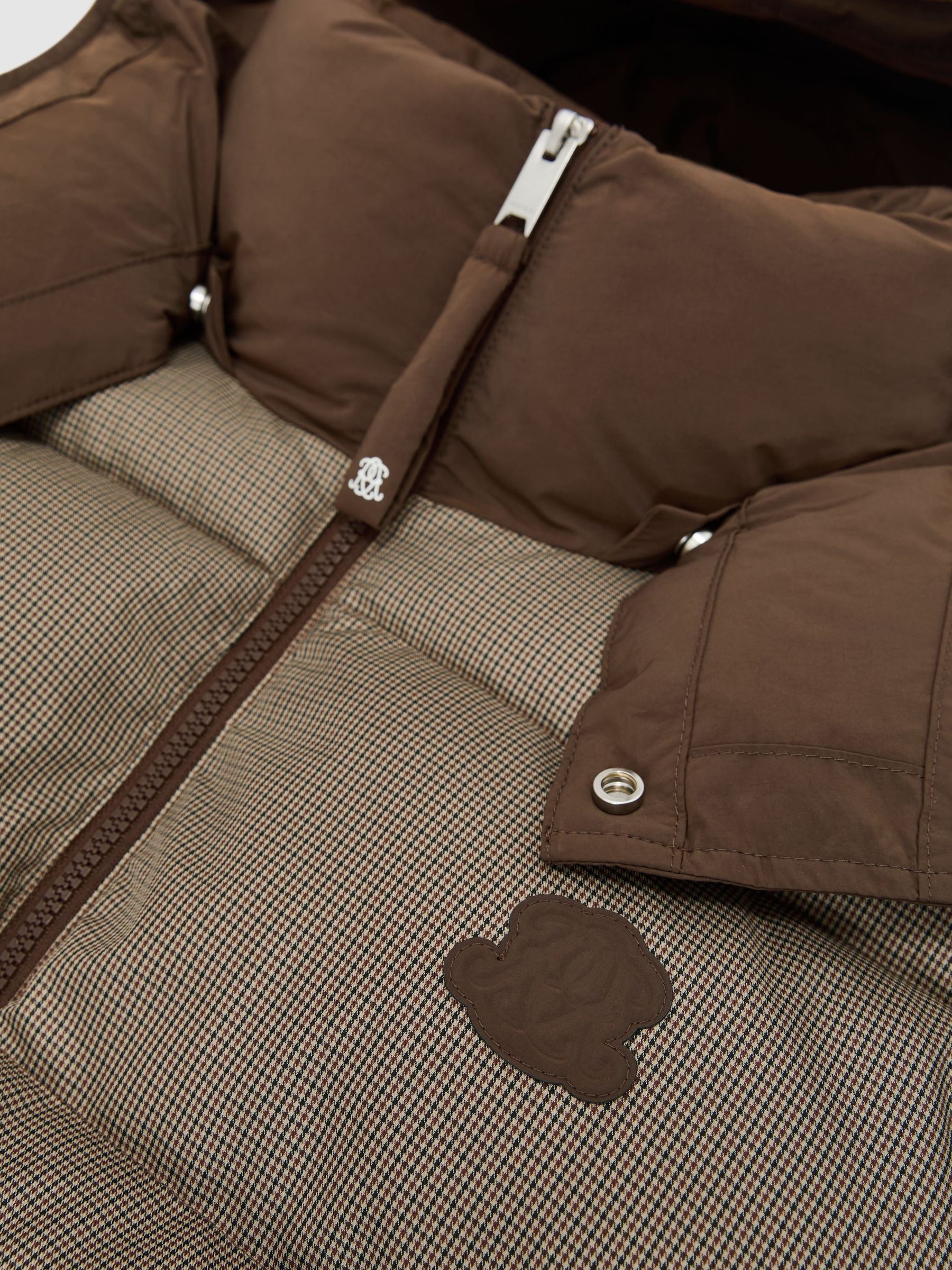 Monogram Check Puffer Jacket with Detachable Hood in Multi Brown - Image 10 of 10