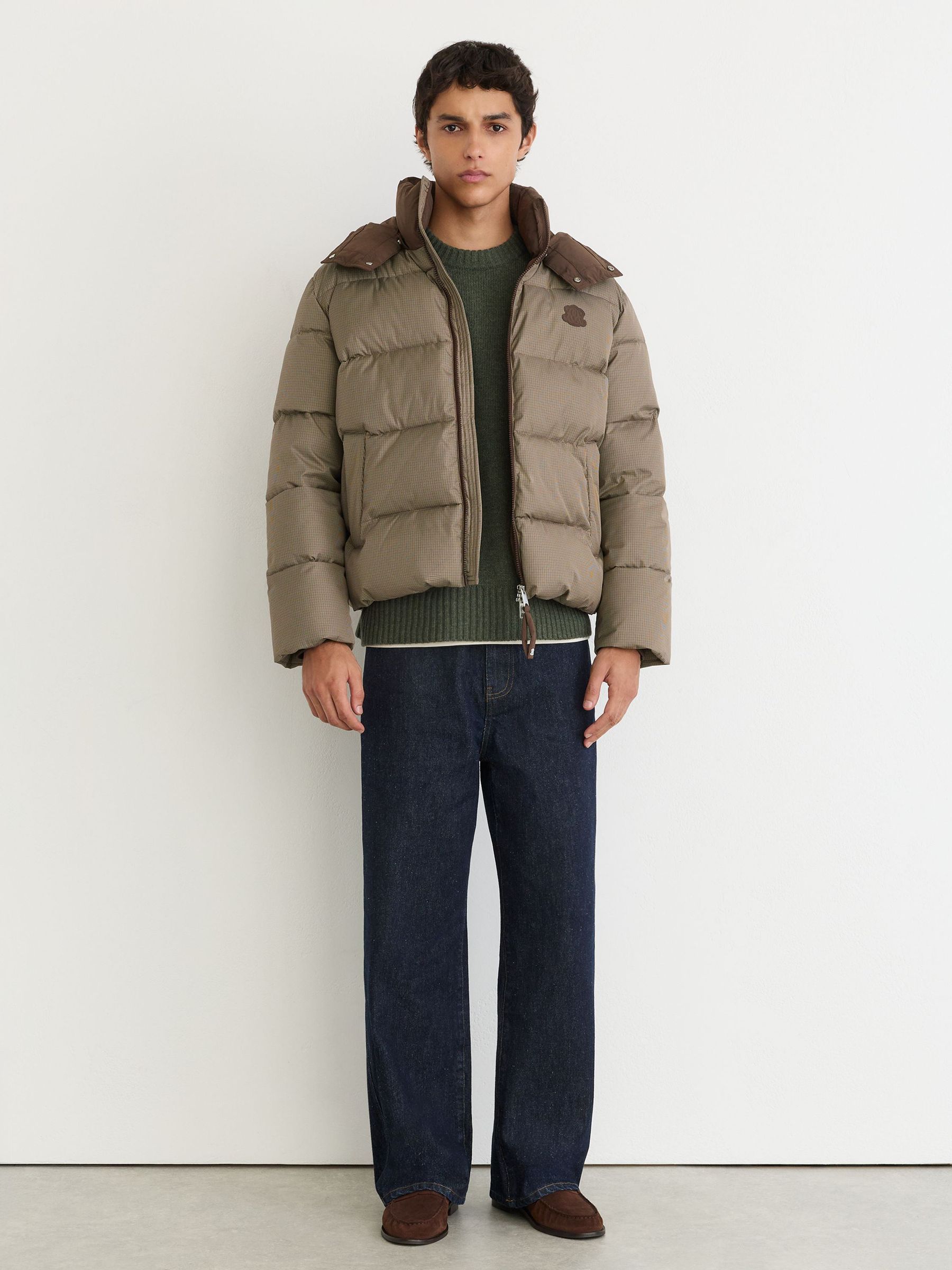 Monogram Check Puffer Jacket with Detachable Hood in Multi Brown - Image 3 of 10