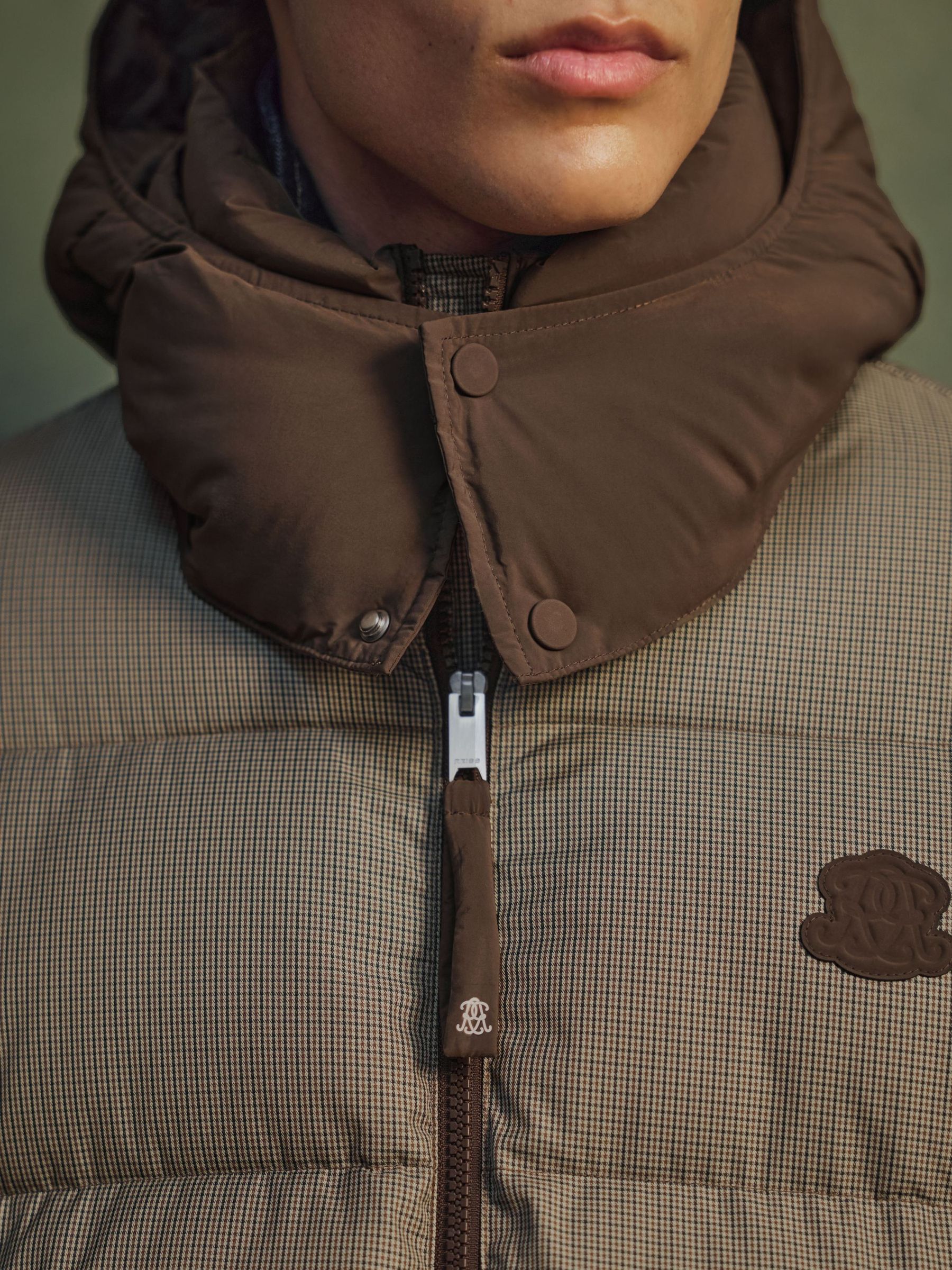 Monogram Check Puffer Jacket with Detachable Hood in Multi Brown - Image 4 of 10