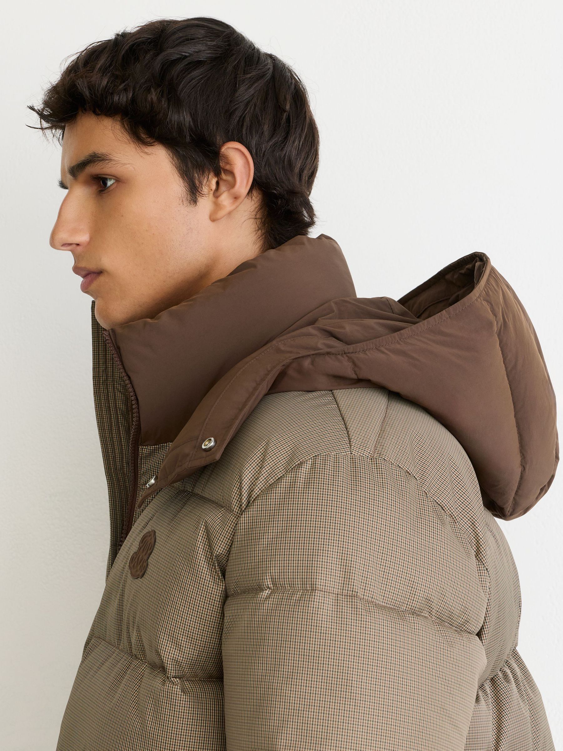 Monogram Check Puffer Jacket with Detachable Hood in Multi Brown - Image 5 of 10