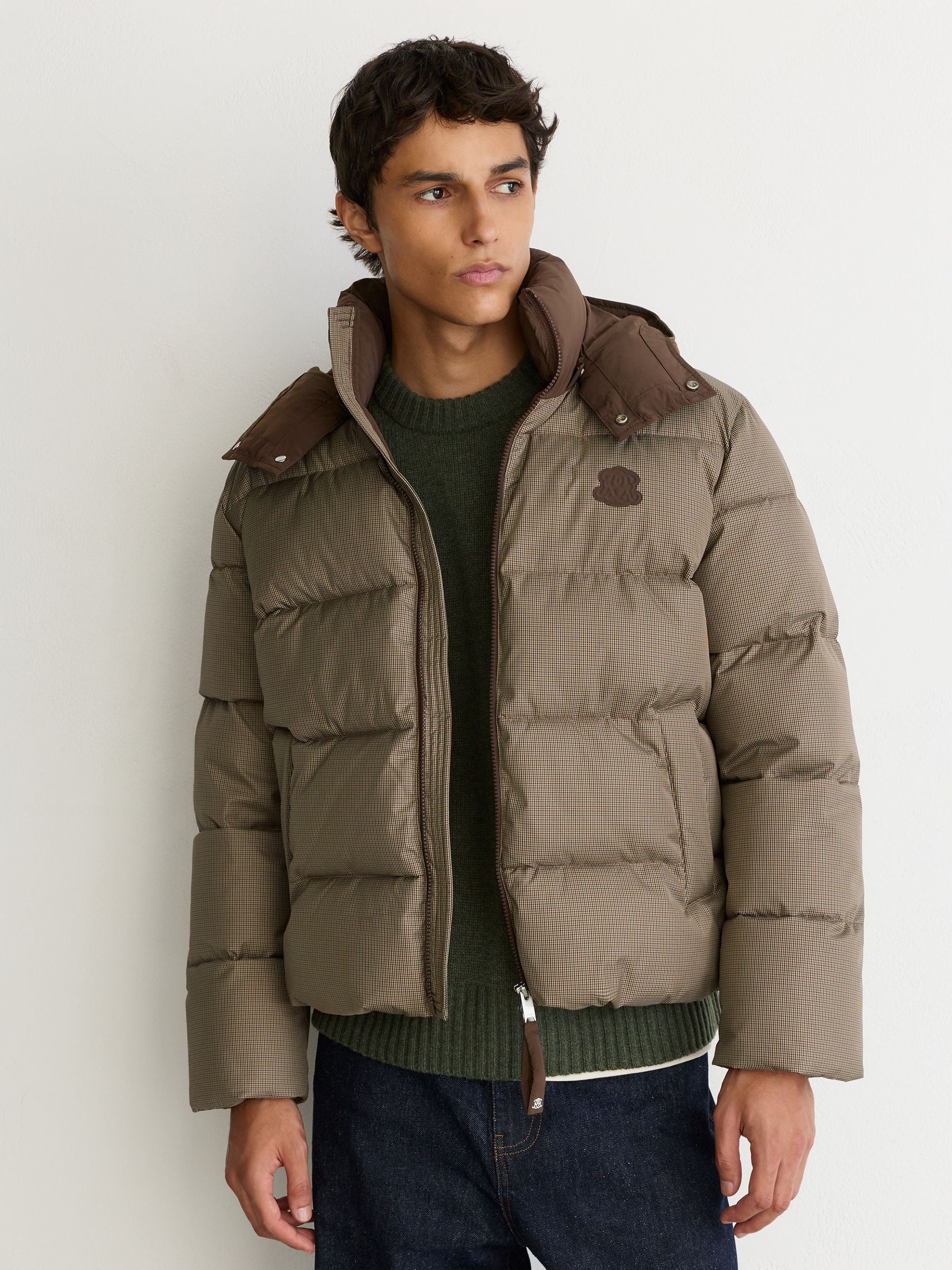Monogram Check Puffer Jacket with Detachable Hood in Multi Brown - Image 6 of 10