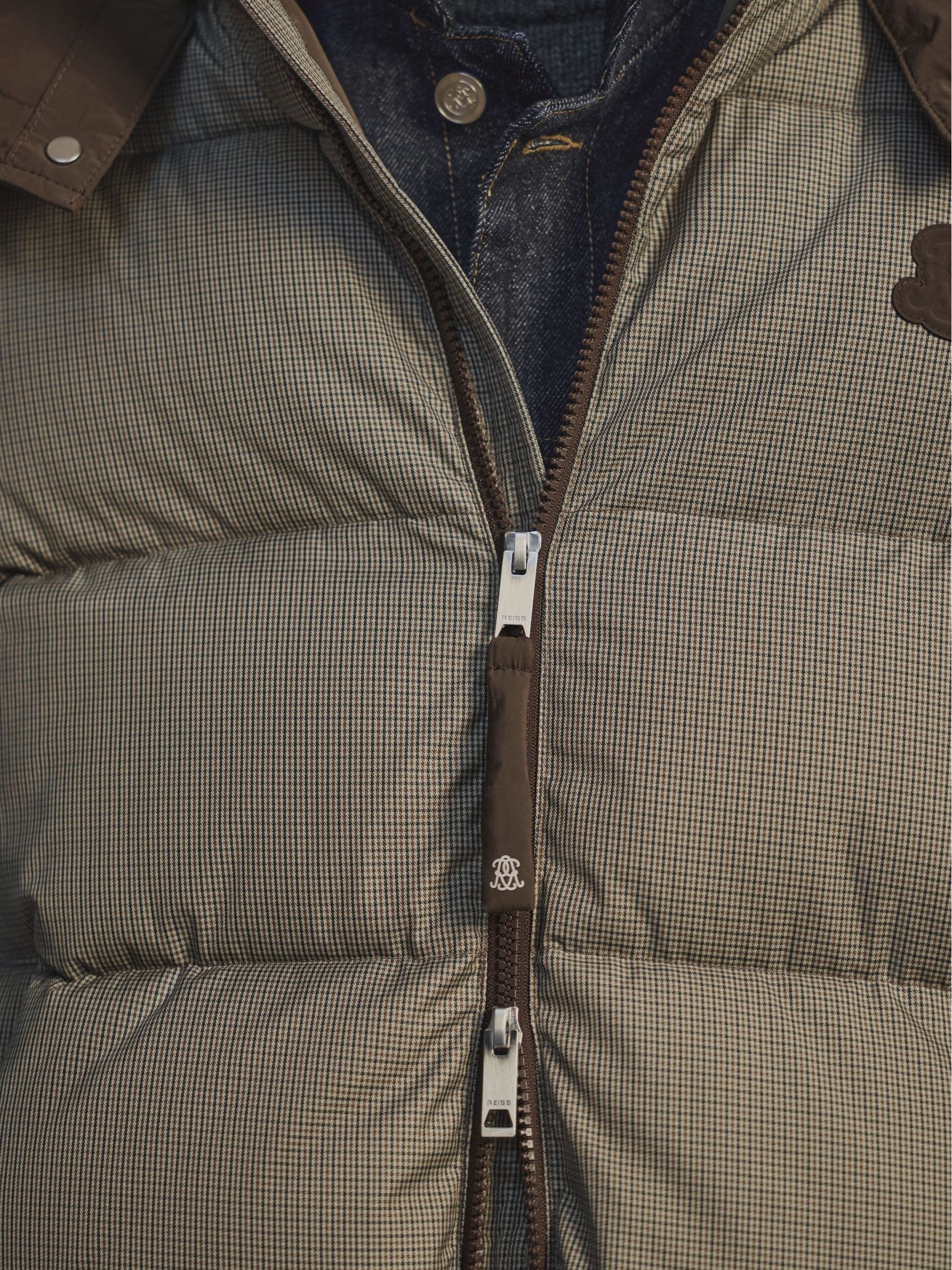 Monogram Check Puffer Jacket with Detachable Hood in Multi Brown - Image 7 of 10