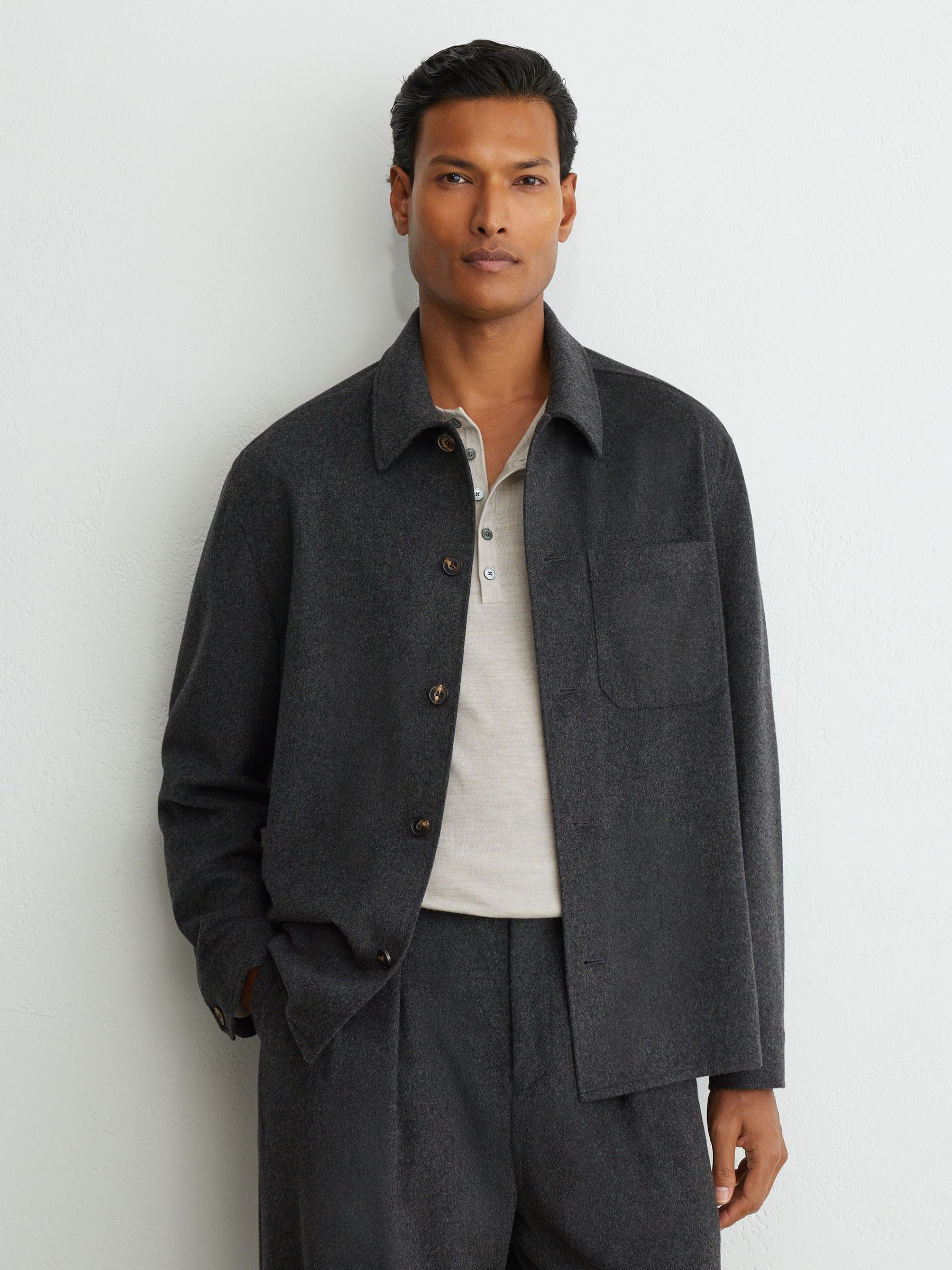 Brushed Wool-Blend Patch-Pocket Overshirt in Charcoal Grey - Image 6 of 8