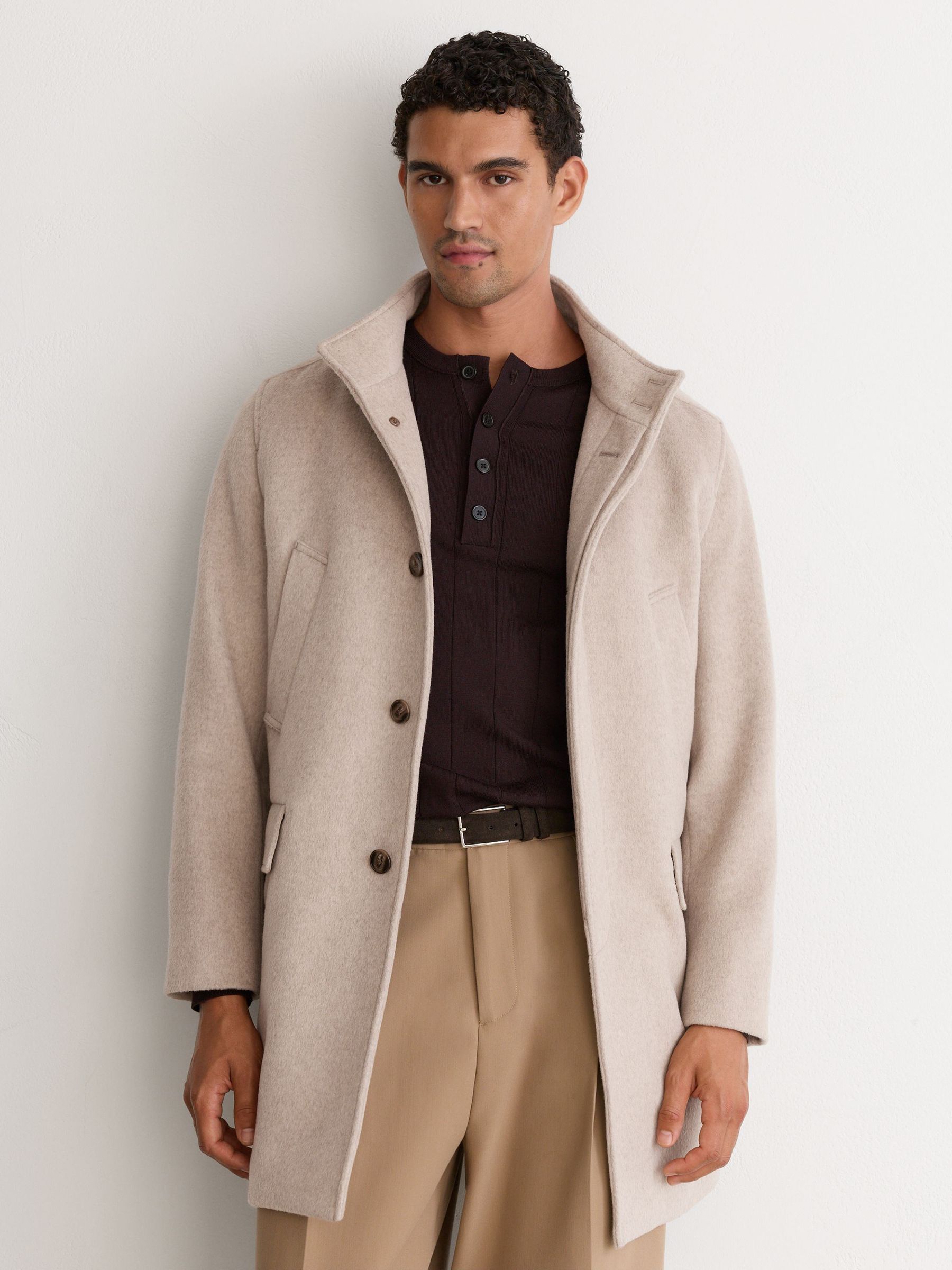 Wool-Blend Gilet-Insert Single-Breasted Coat in Oatmeal - Image 4 of 9