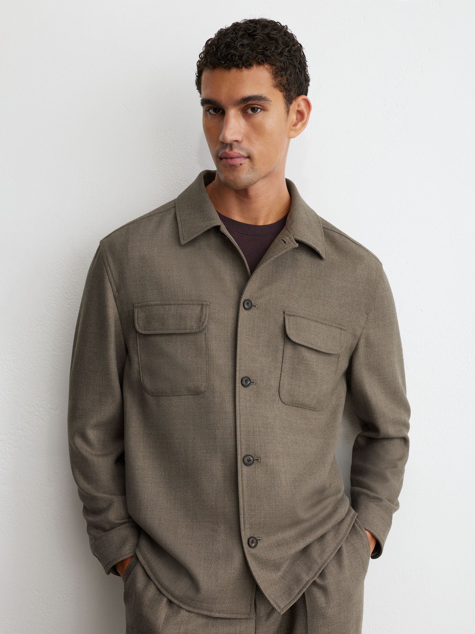 Wool-Blend Twill Twin-Pocket Overshirt in Mushroom Brown - Image 1 of 6