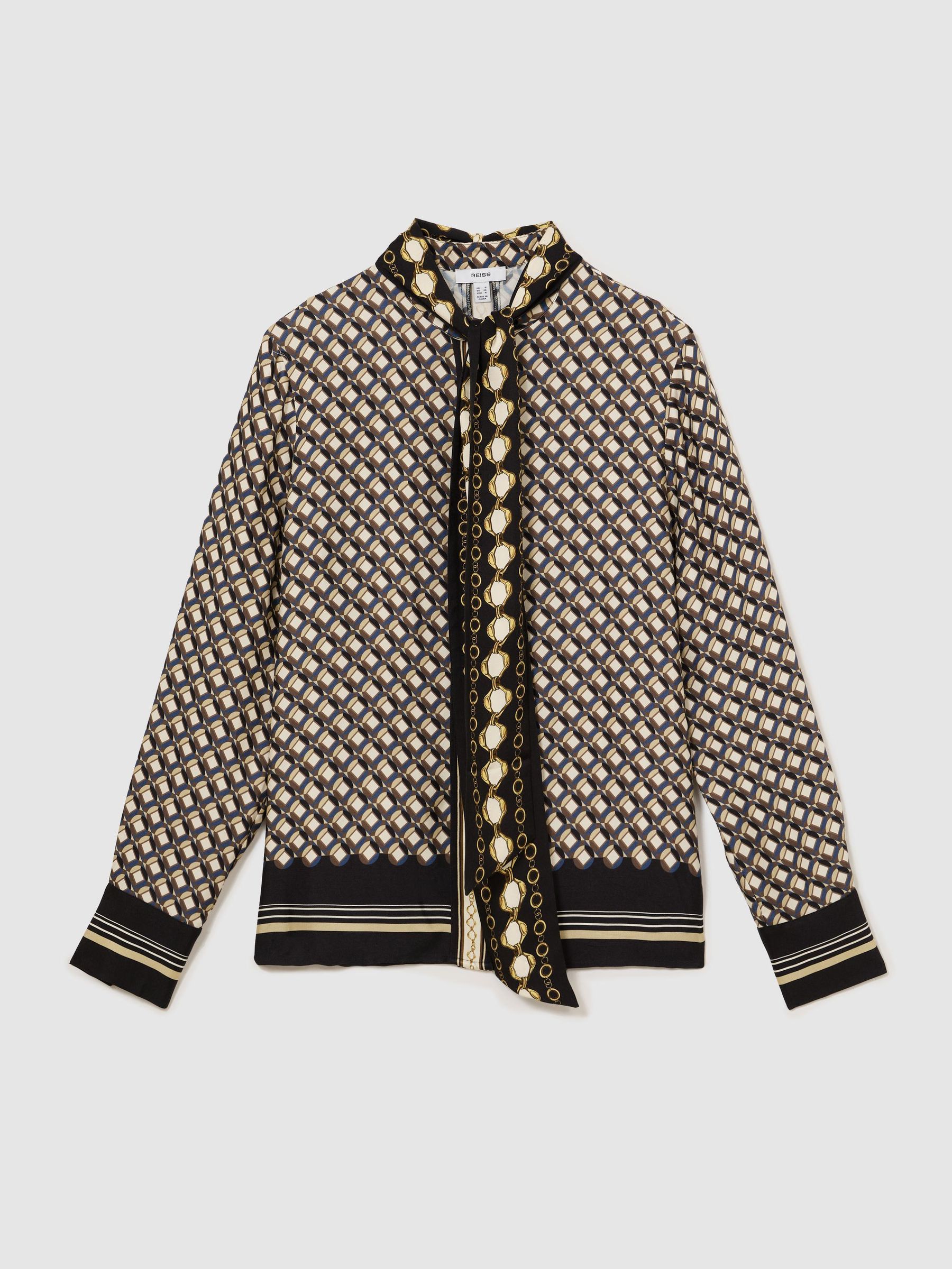 Scarf-Print Tie-Neck Shirt in Navy/Gold - Image 2 of 9