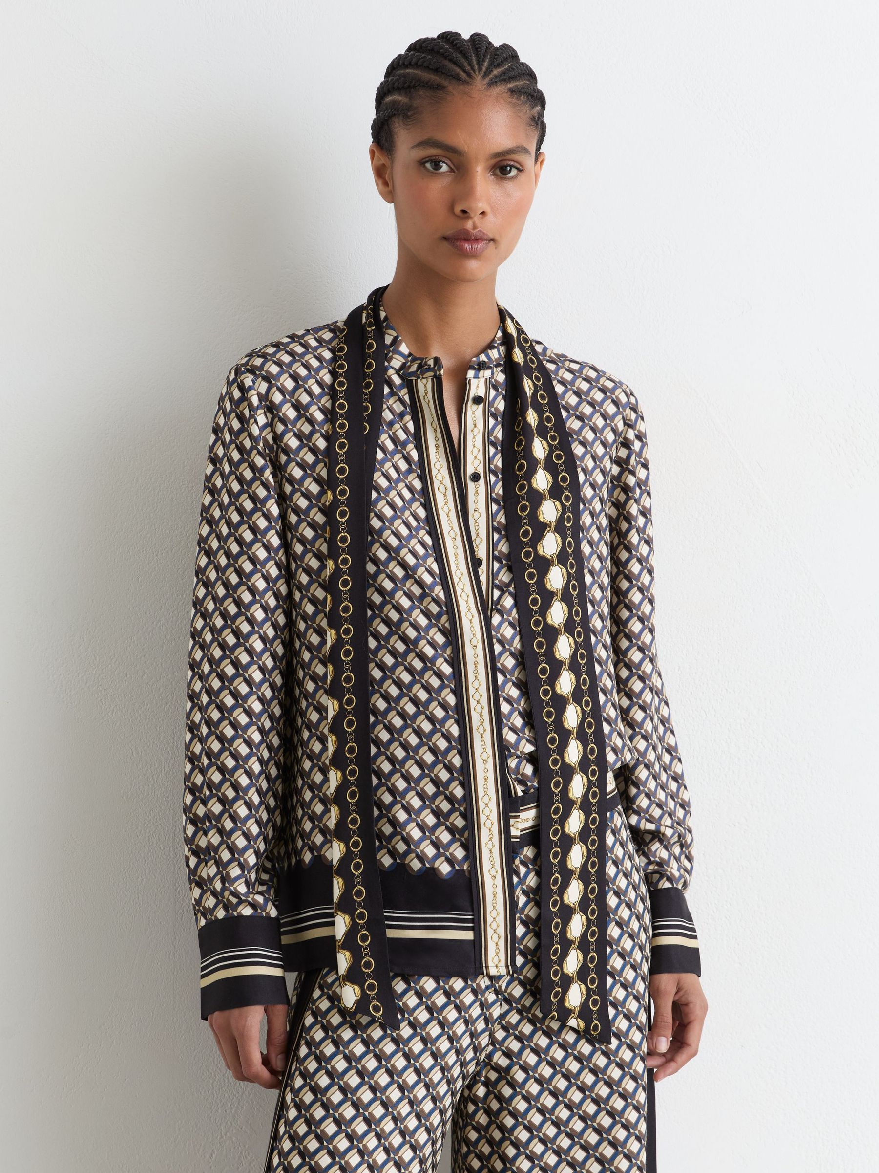 Scarf-Print Tie-Neck Shirt in Navy/Gold - Image 3 of 9
