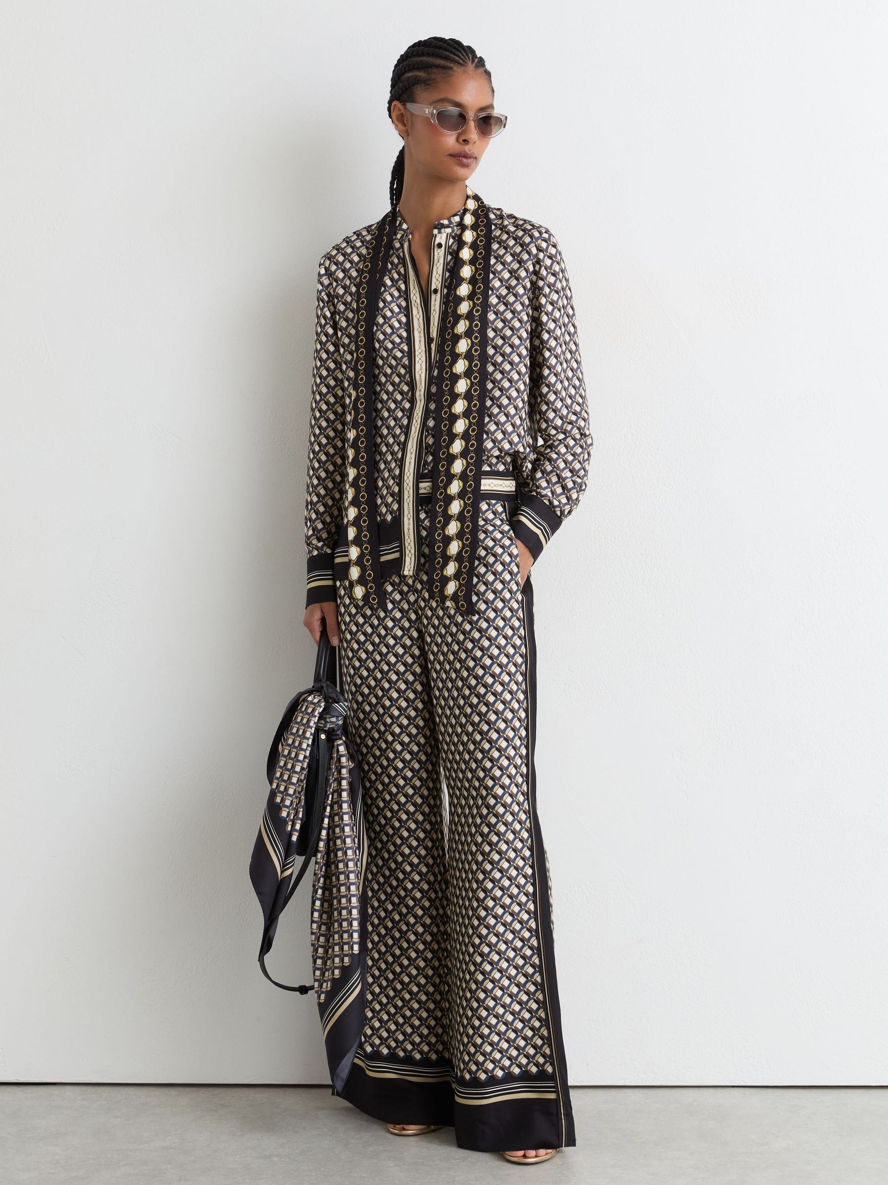 Scarf-Print Tie-Neck Shirt in Navy/Gold - Image 5 of 9