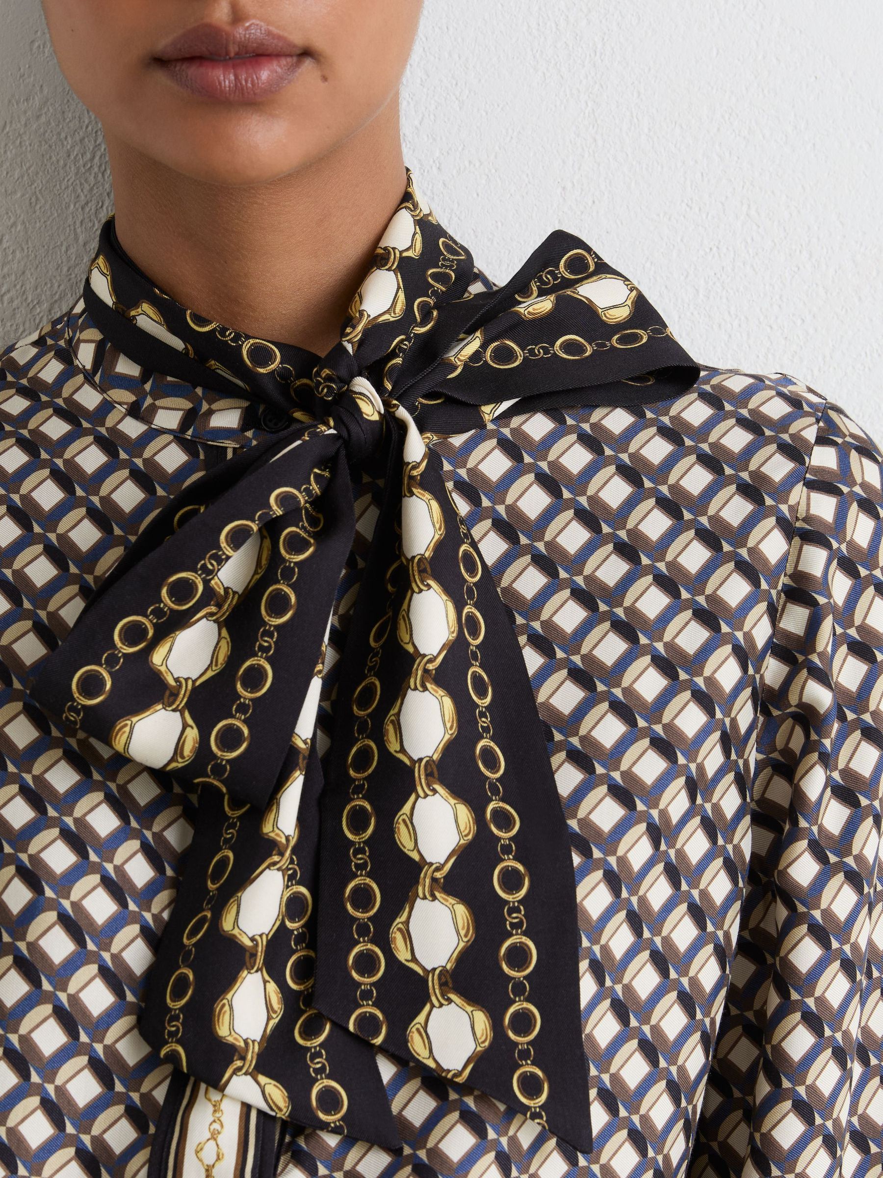Scarf-Print Tie-Neck Shirt in Navy/Gold - Image 6 of 9