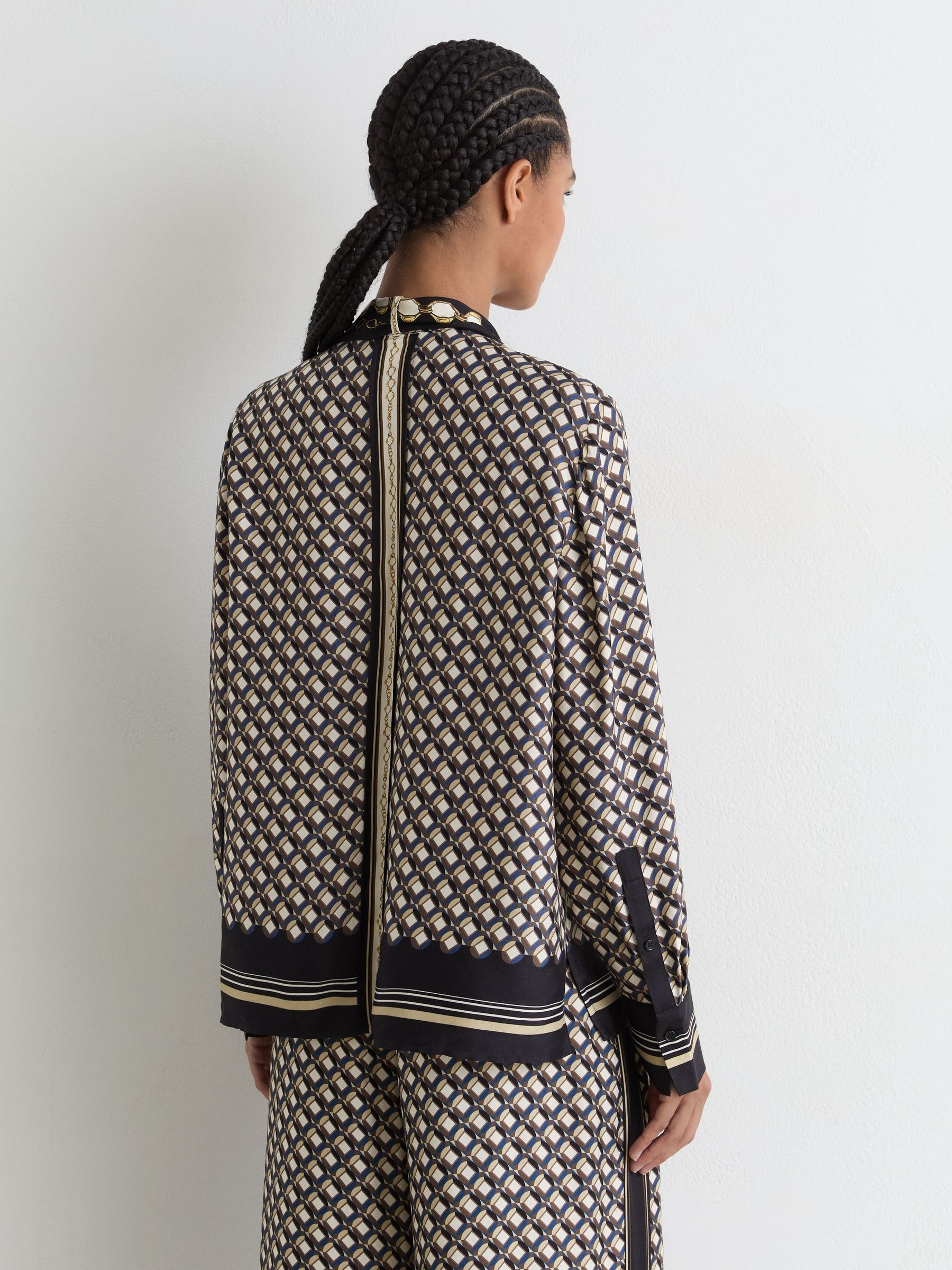 Scarf-Print Tie-Neck Shirt in Navy/Gold - Image 7 of 9