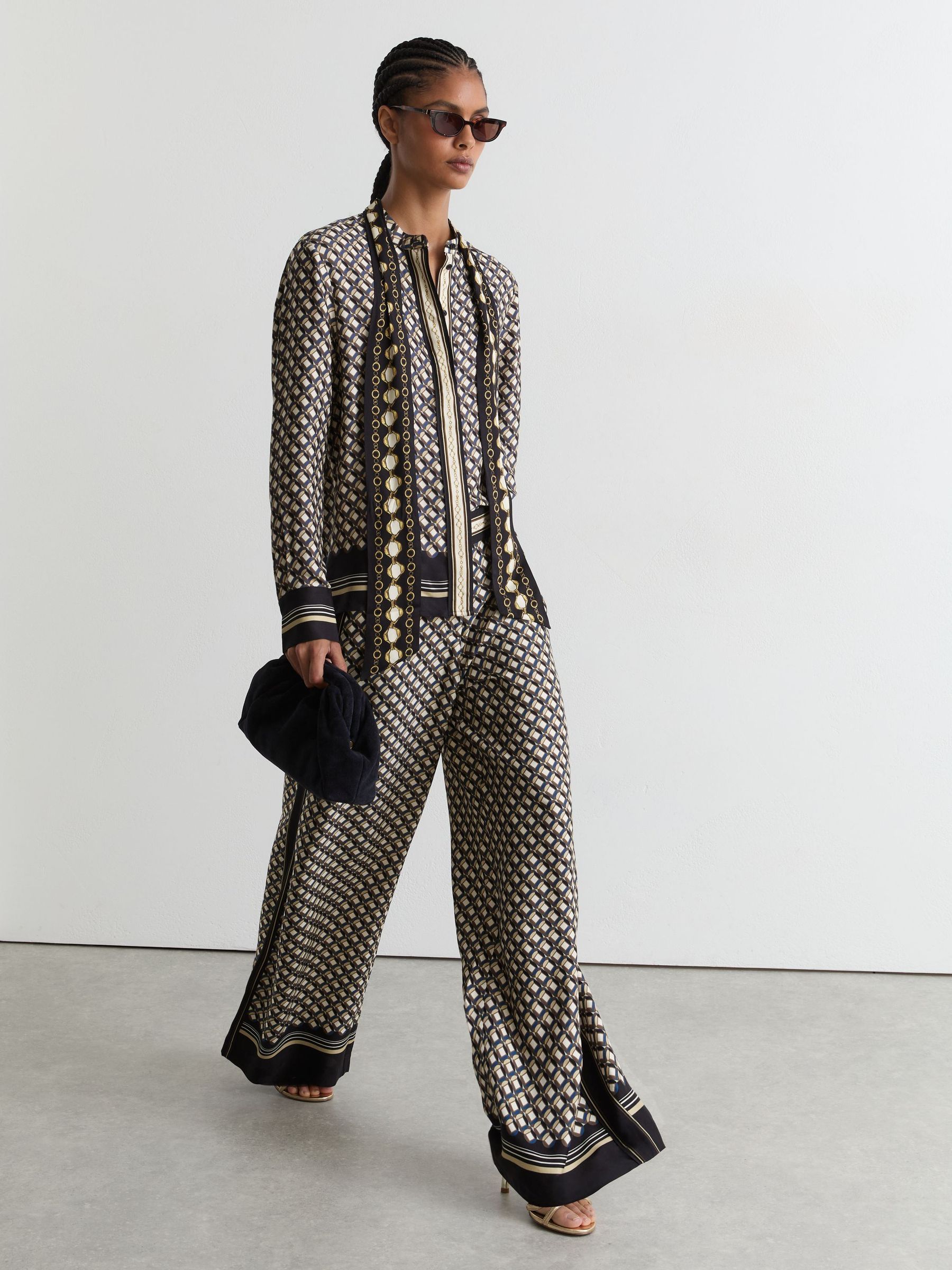 Scarf-Print Tie-Neck Shirt in Navy/Gold - Image 8 of 9