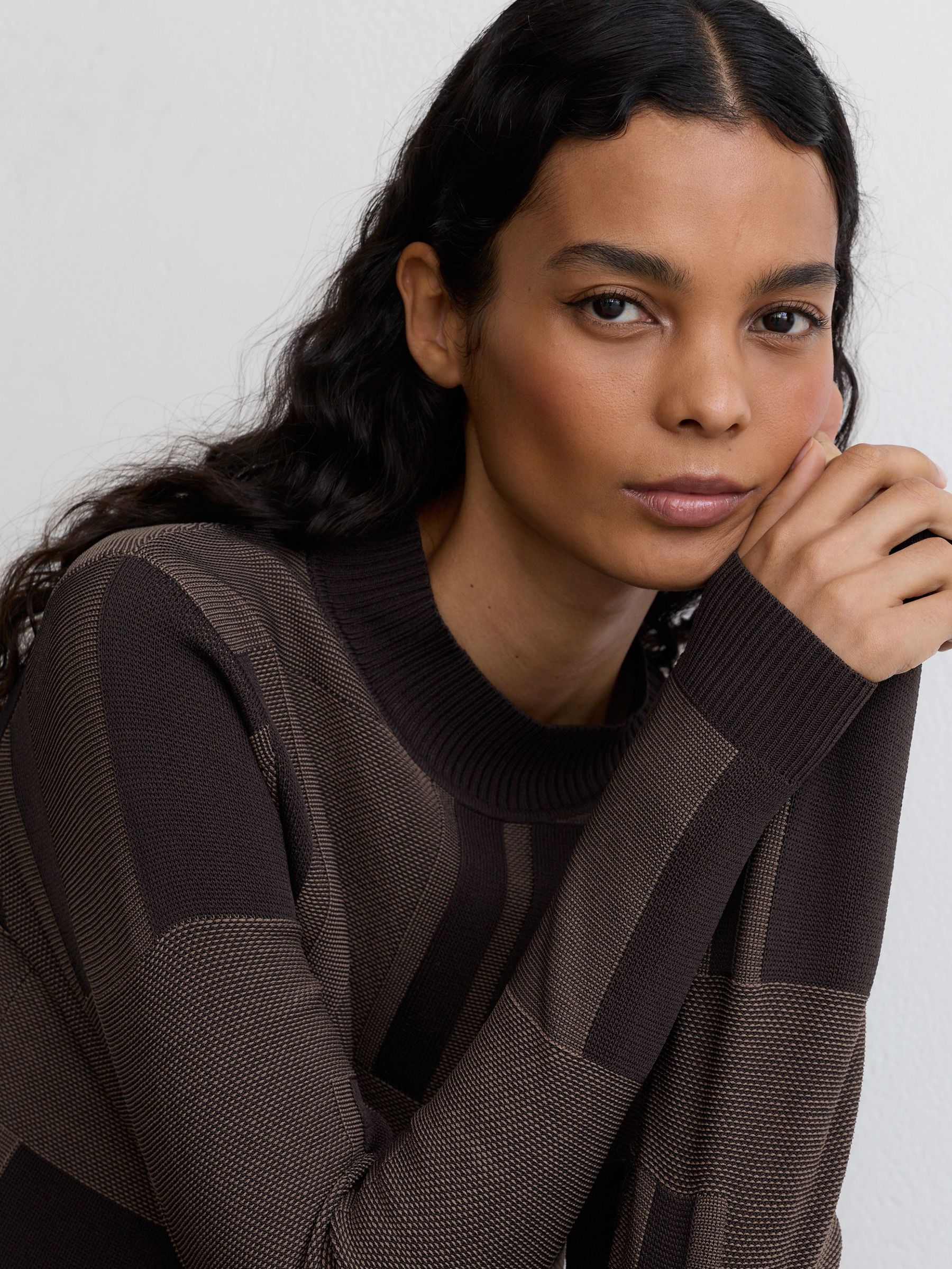 Jacquard-Knit Mock-Neck Jumper in Chocolate Brown - Image 1 of 6 Jacquard-Knit Mock-Neck Jumper in Chocolate Brown - Image 1 of 6