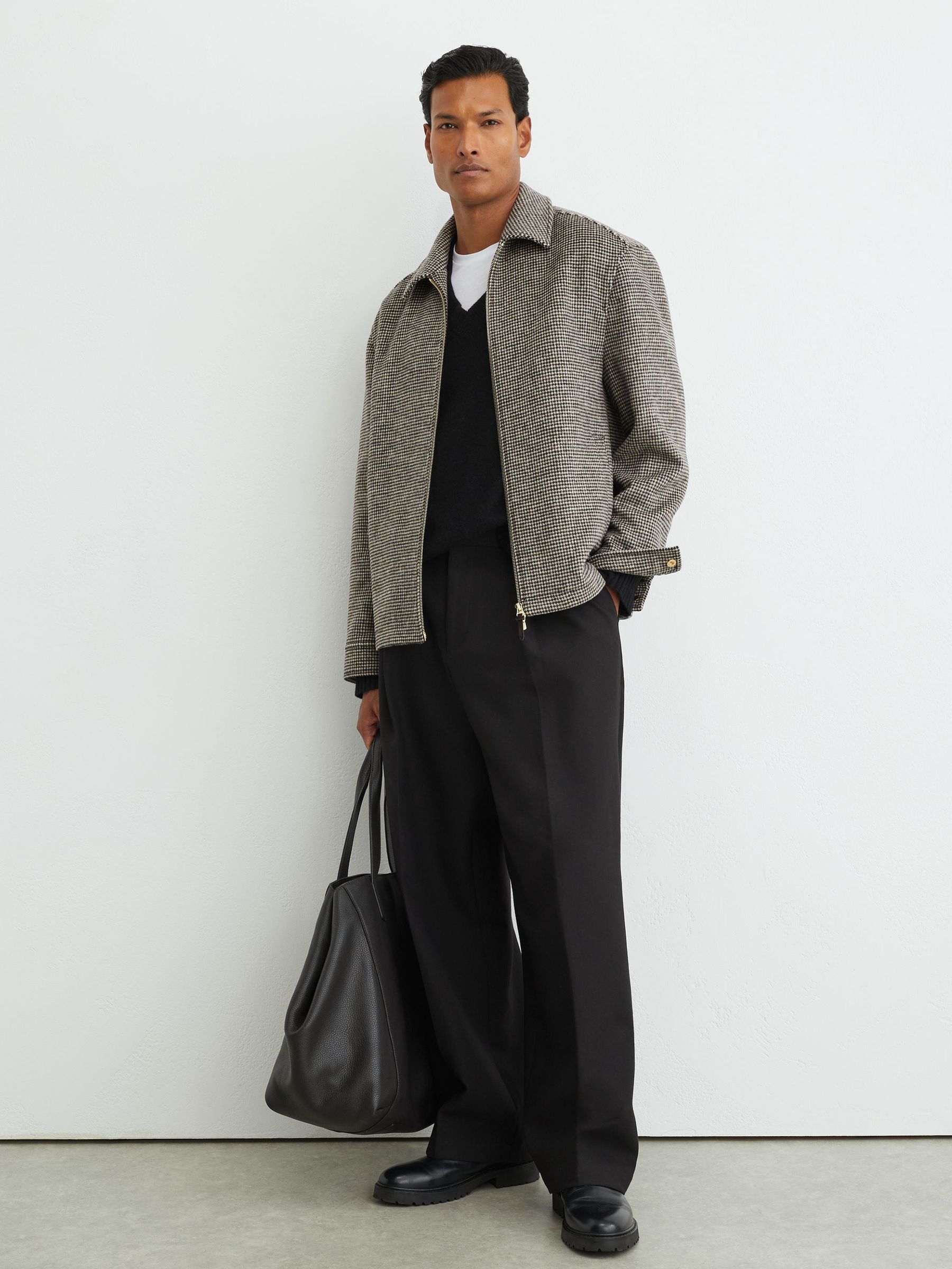Wool-Blend Puppytooth Zip–Through Overshirt in Dark Brown - Image 1 of 8 Wool-Blend Puppytooth Zip–Through Overshirt in Dark Brown - Image 1 of 8
