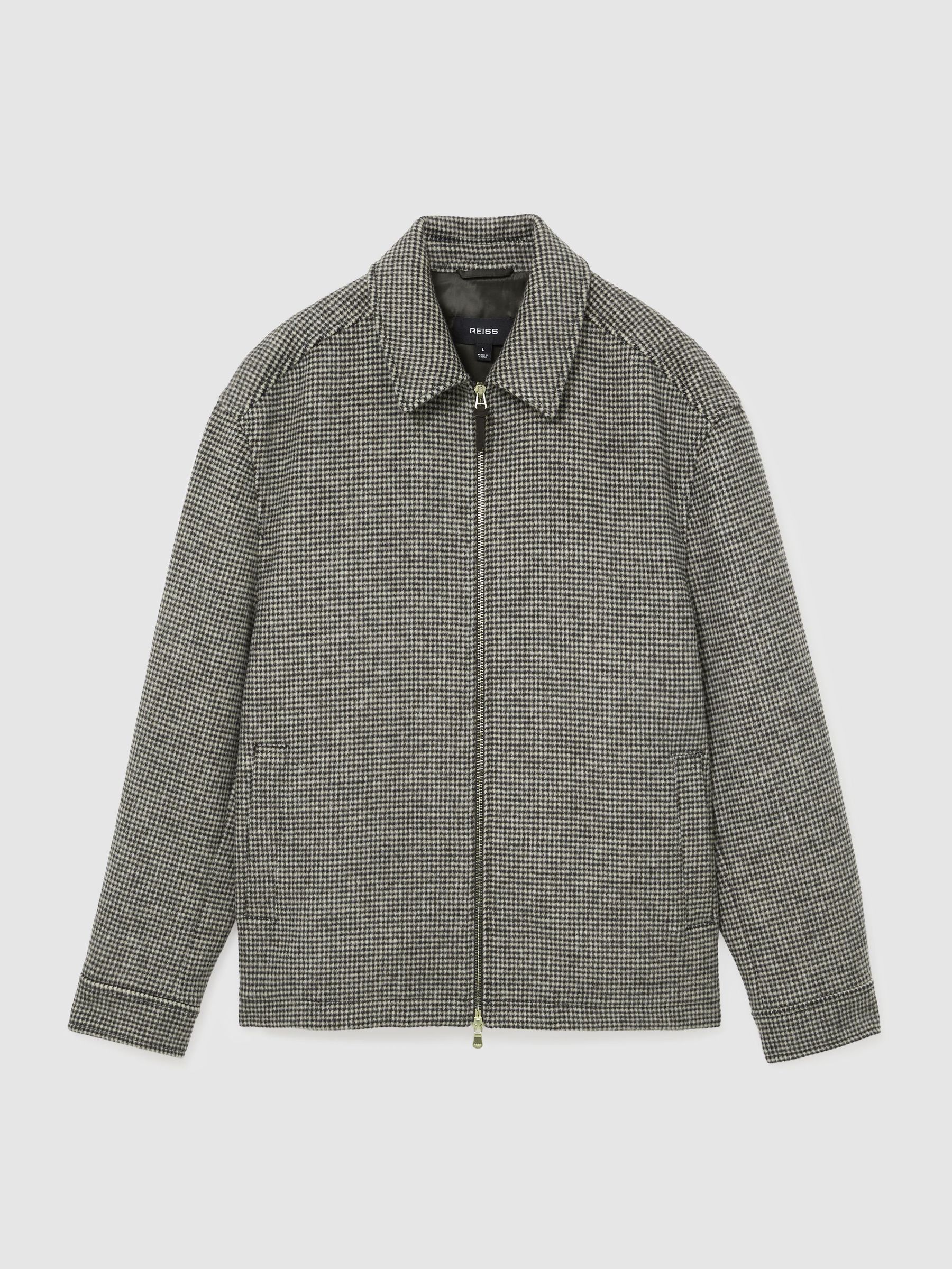 Wool-Blend Puppytooth Zip–Through Overshirt in Dark Brown - Image 2 of 8
