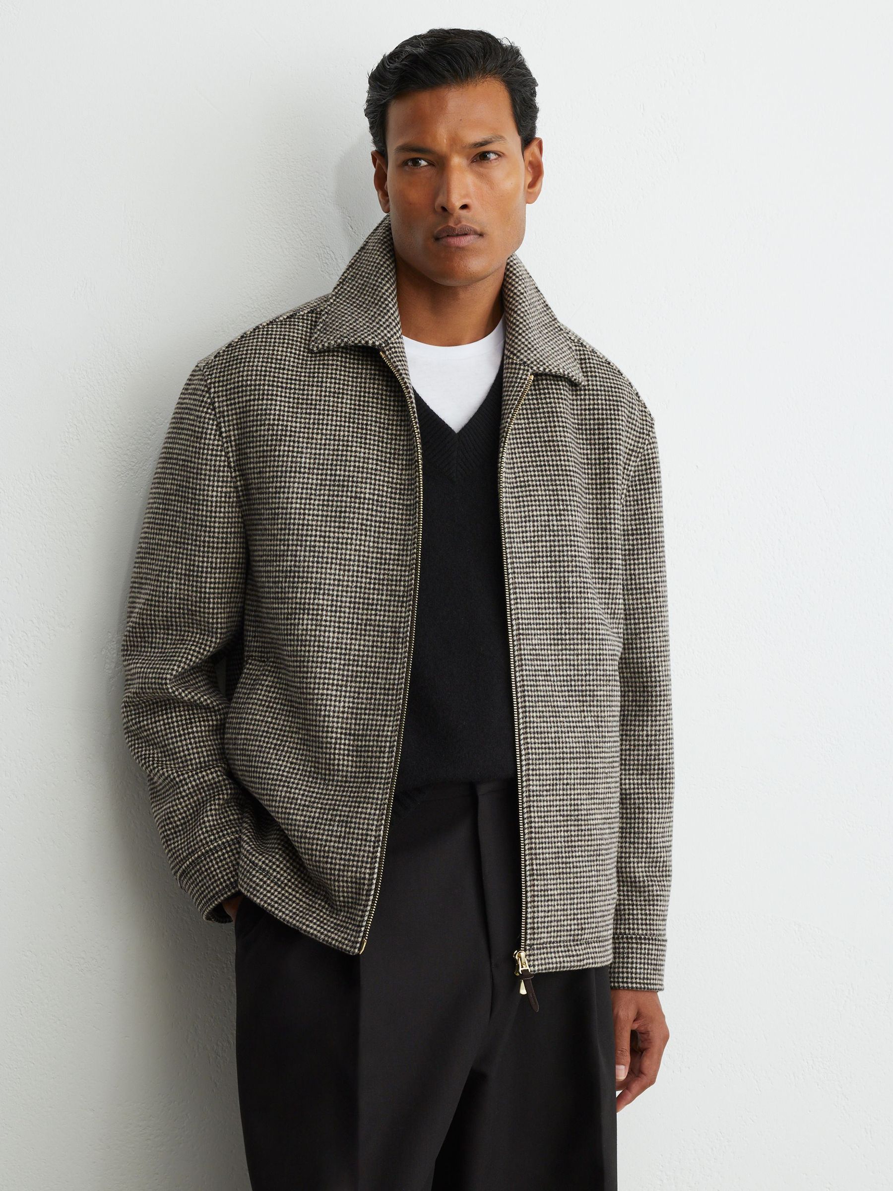 Wool-Blend Puppytooth Zip–Through Overshirt in Dark Brown - Image 3 of 8