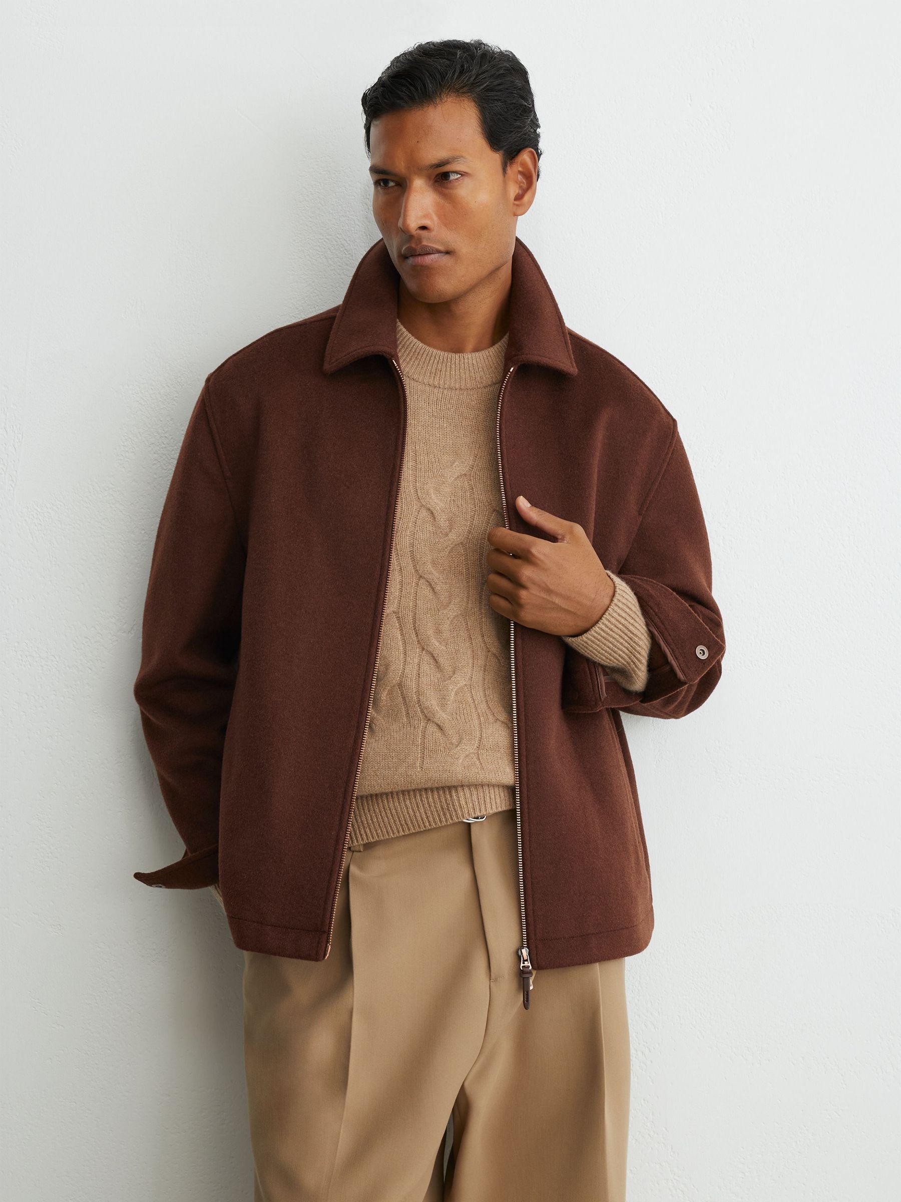 Brushed Wool-Blend Zip-Through Overshirt in Rust Red - Image 1 of 8