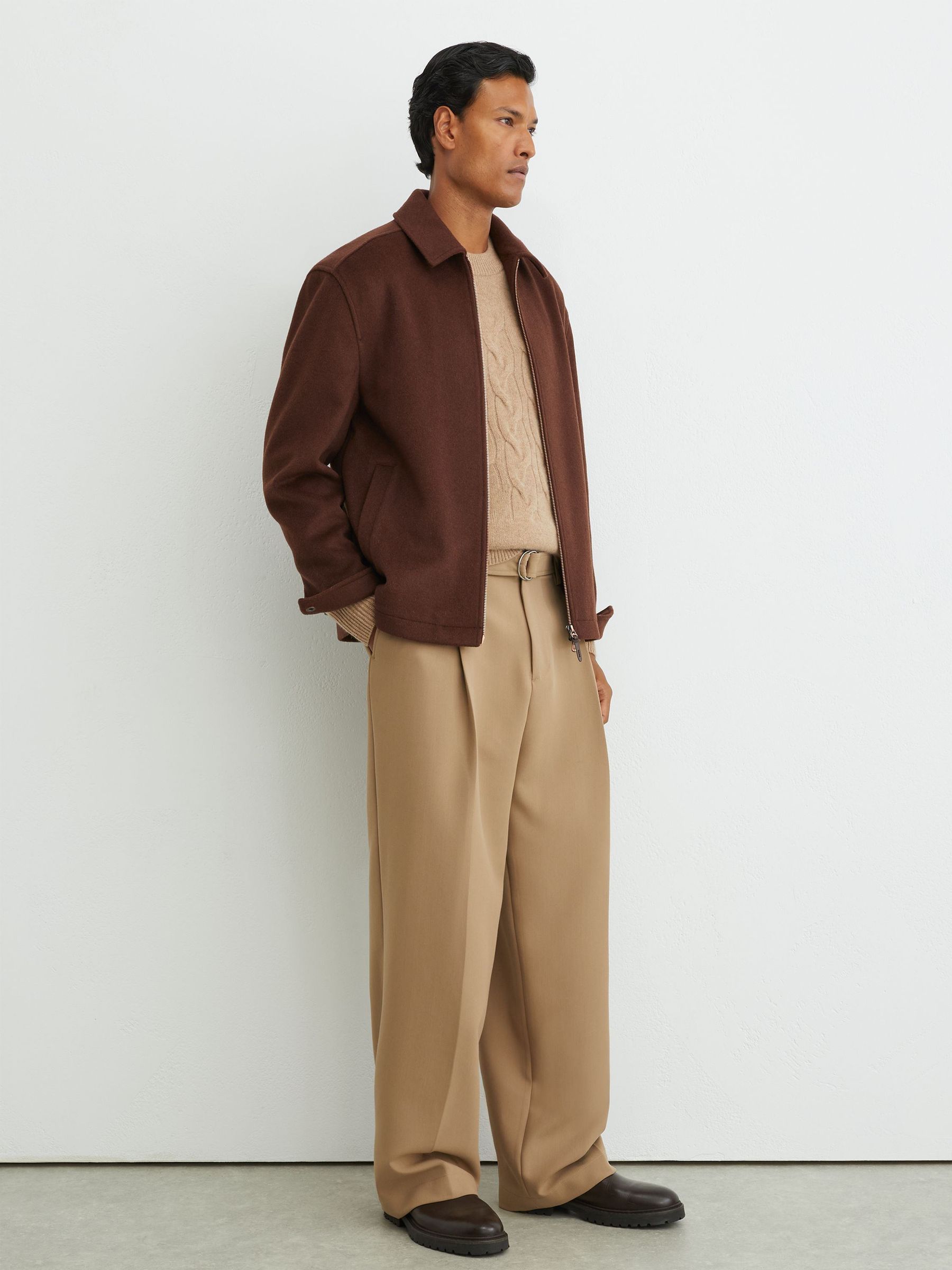 Brushed Wool-Blend Zip-Through Overshirt in Rust Red - Image 3 of 8